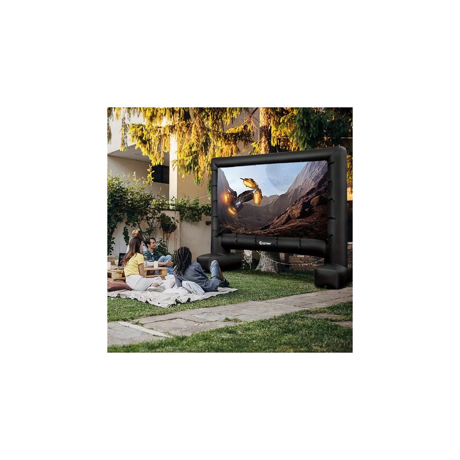 Portable Mini Projector with 15ft Inflatable Screen and Adjustable Floor Stand for Outdoor and Home Use