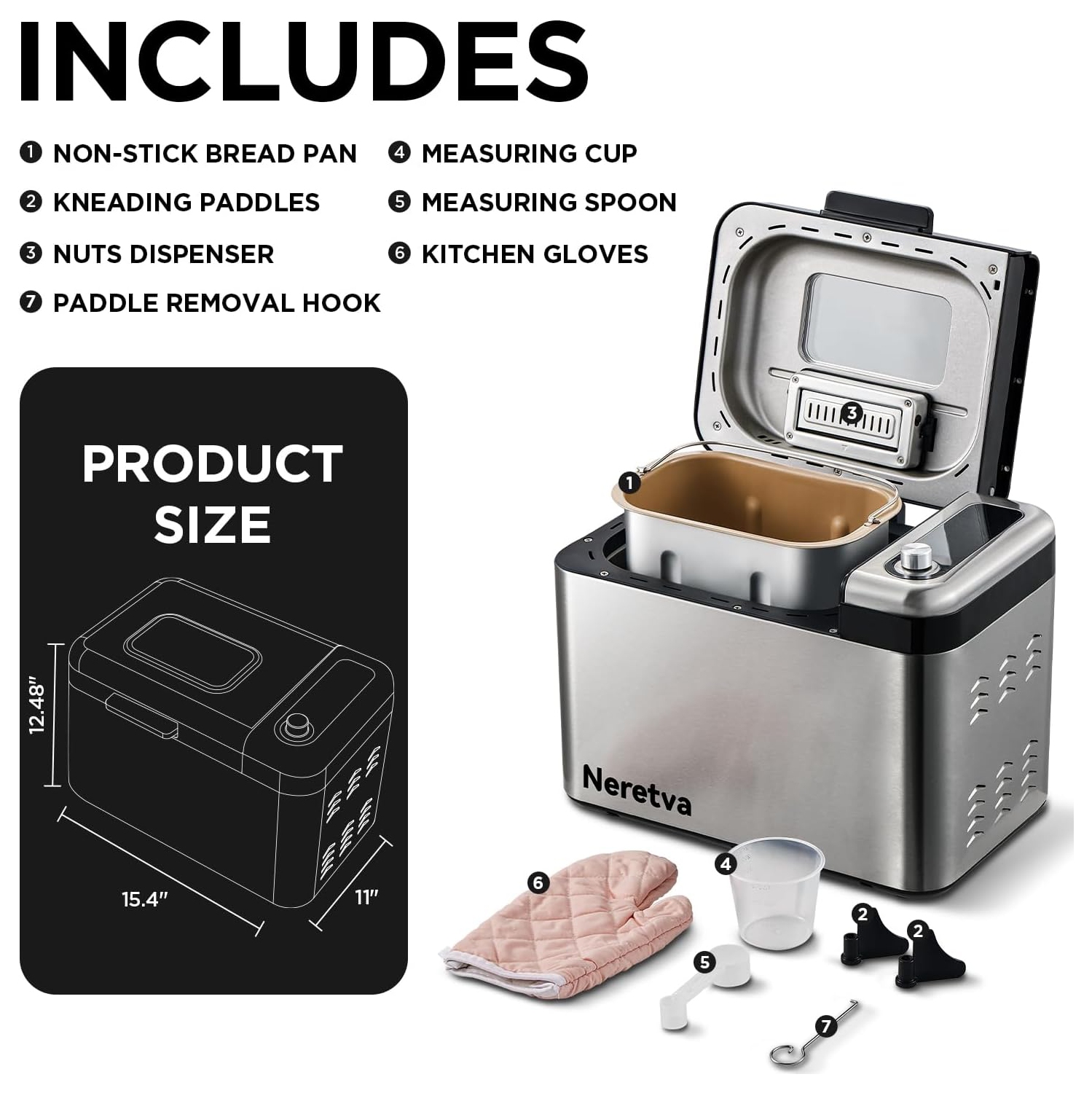 Machine à pain Neretva, machine à pain 15-en-1 en acier inoxydable et moule antiadhésif en céramique et machine à pain avec distributeur automatique