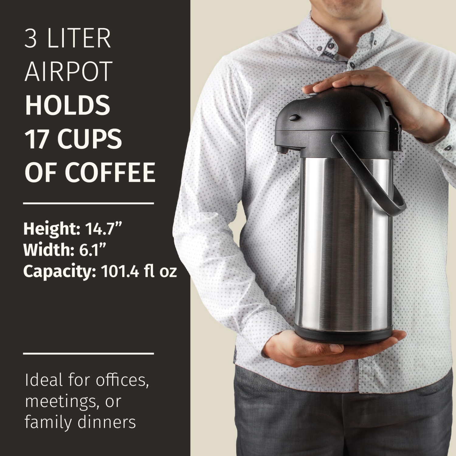 Coffee Carafe with Pump - 102oz / 3L Airpot 12 Hours Large Carafe Hot Cocoa Dispenser for Parties-Hot Water Dispenser, Tea Flask-Insulated Stainless