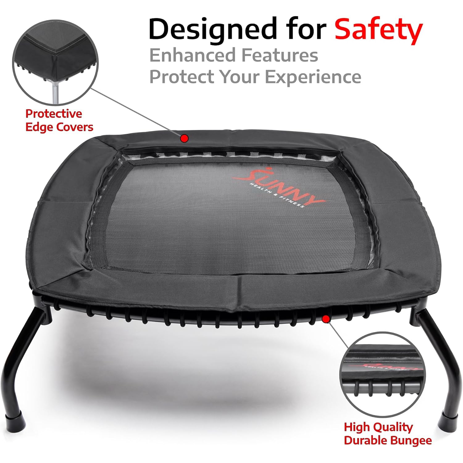 Sunny Health & Fitness Springless Mini Fitness Trampoline – Premium Adjustable Bungee-Style Indoor/Outdoor Exercise Rebounder for Quieter and Safer