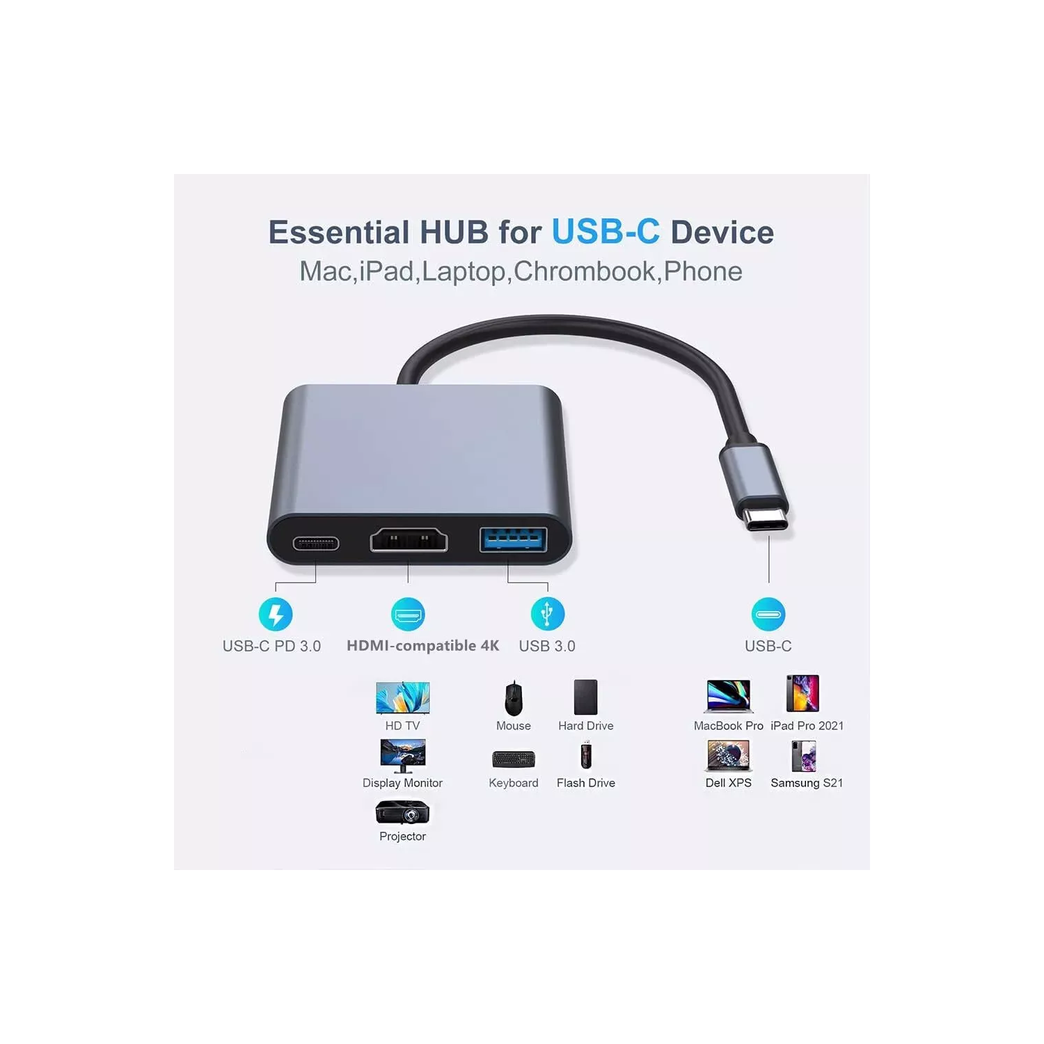 USB C to HDMI Adapter with 4K HDMI Output, Type-C Hub Converter to 4K HDMI USB 3.0 Port and PD 100W Charging Port, USB-C AV Multiport Adapter for