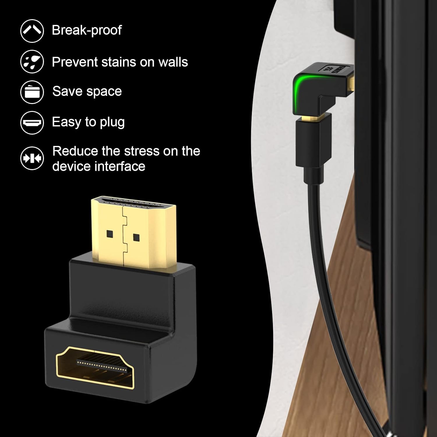 Paquet de 2 adaptateurs HDMI 90 degrés 8K, connecteur HDMI 2,1 mâle à femelle à angle droit, prise en charge 8K@60&nbsp;Hz, 4K@120&nbsp;Hz, 3D, HDR