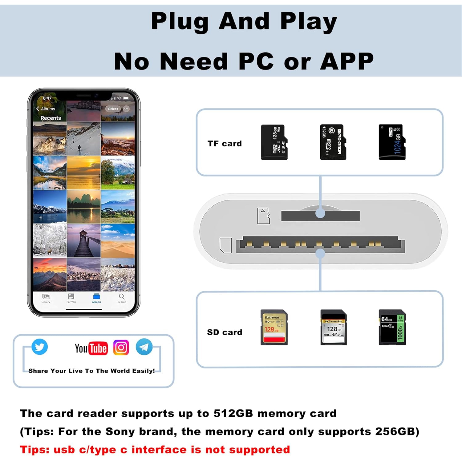 Lightning to Sd Card Reader for iPhone Camera, Dual Card Slot Memory Card Readers Supports SD and TF Card, Plug and Play Sd Card Adapter Compatible