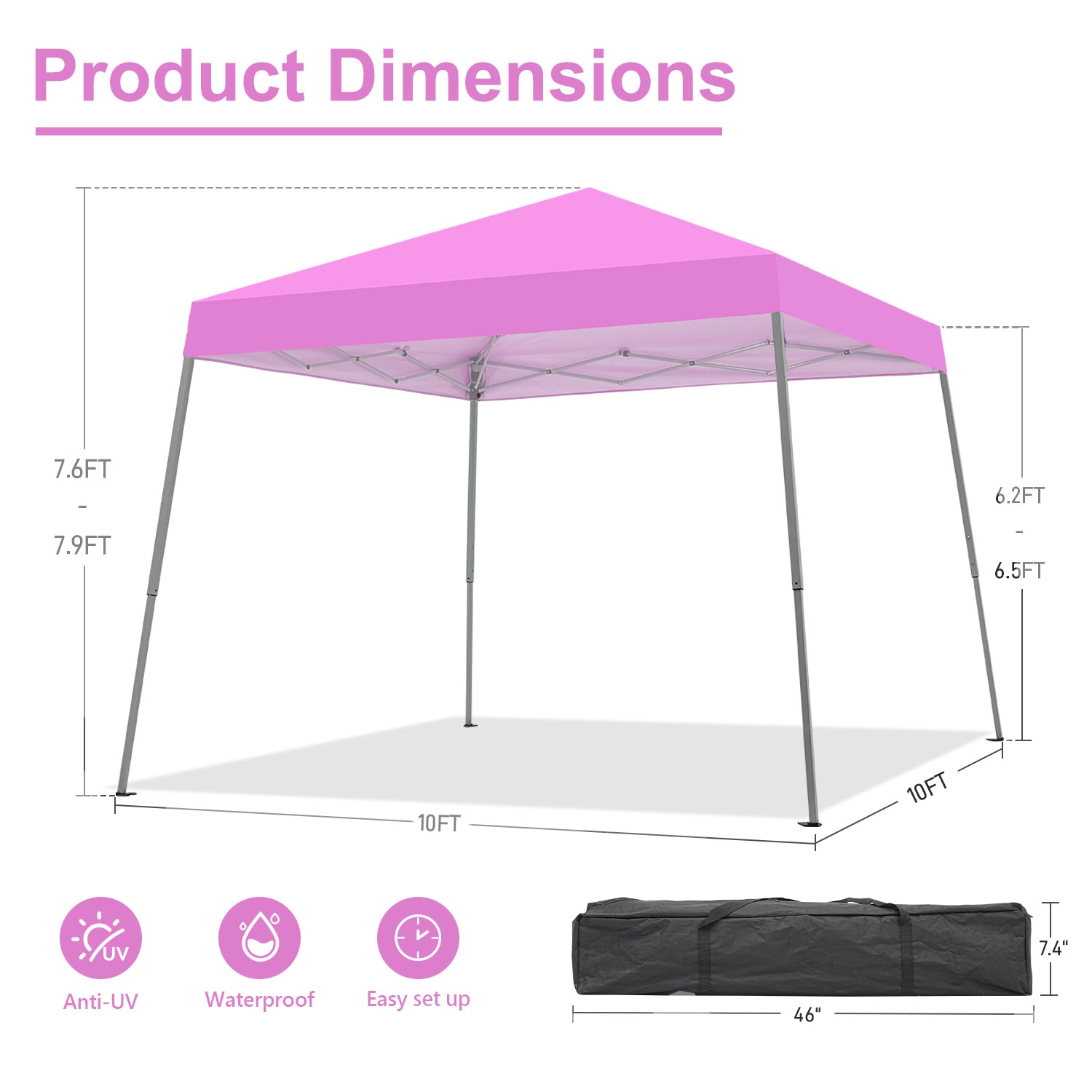 Ainfox Portable Pop Up Canopy Pink Outdoor Instant Tent With Slant Legs