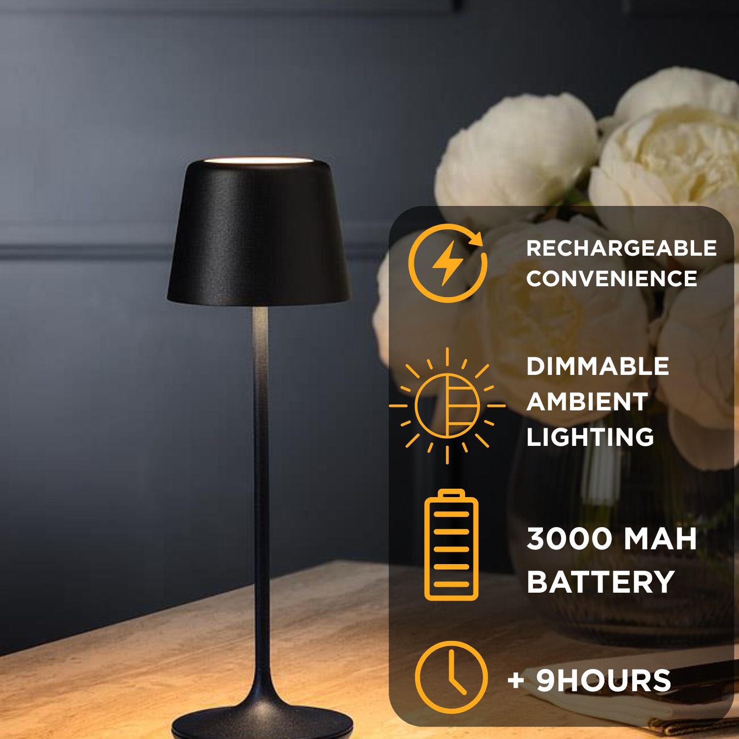 Abbott – Lampe de table en forme de cloche LED, lampe rechargeable à intensité réglable avec base de chargement, touche moderne élégante pour la