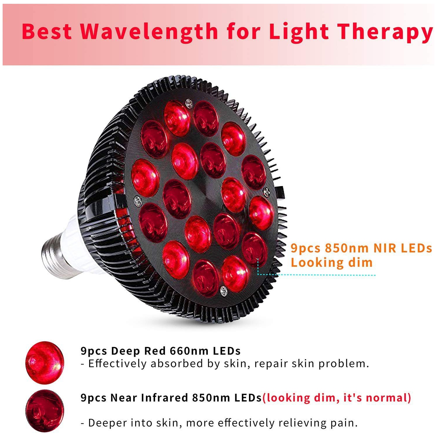 Lampe de thérapie à lumière rouge, 660&nbsp;nm, Cramoisi 850&nbsp;nm, proche infrarouge, 18 LED, 54&nbsp;W, E27 Vis Beauté anti-âge, soulagement de