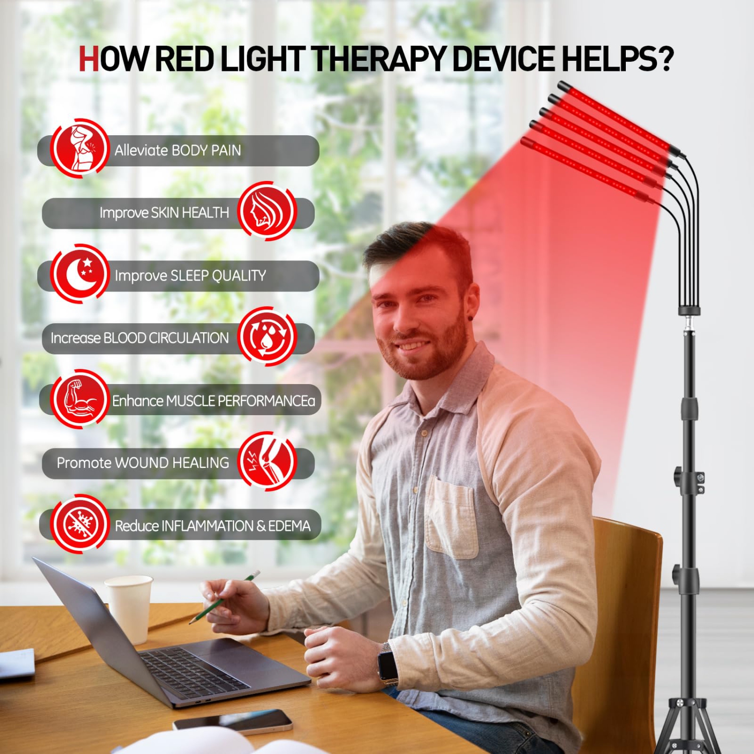 Red Light Therapy Lamp, 5 Heads 150 LEDs Infrared Light Therapy with Adjustable Stand for Full Body Face Pain Relief Skin Care