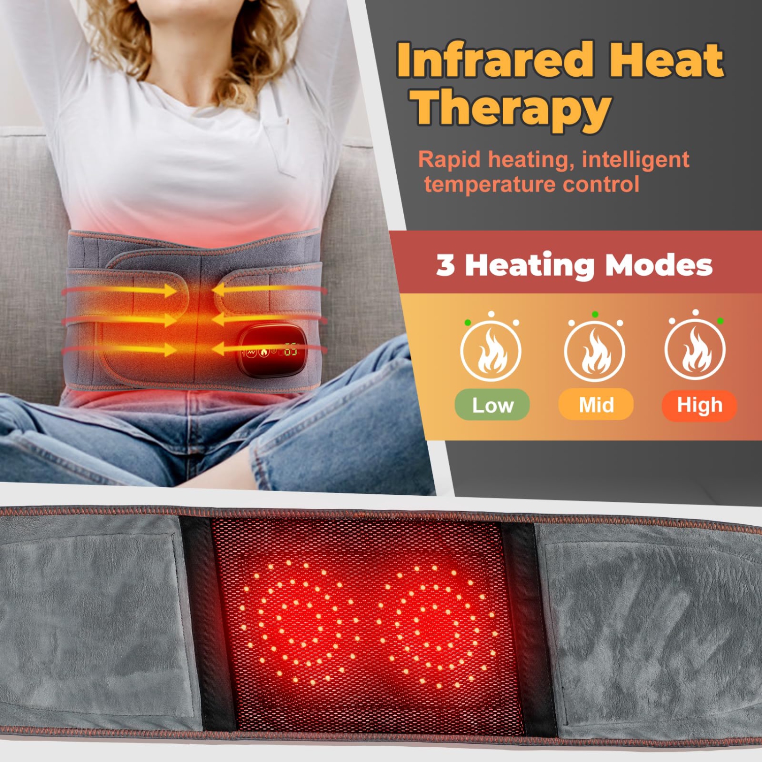Electric Cordless Heating Pad for Back, Heated Waist Belt Wrap Massage Modes Heat Pad for Back, Cramps, Waist