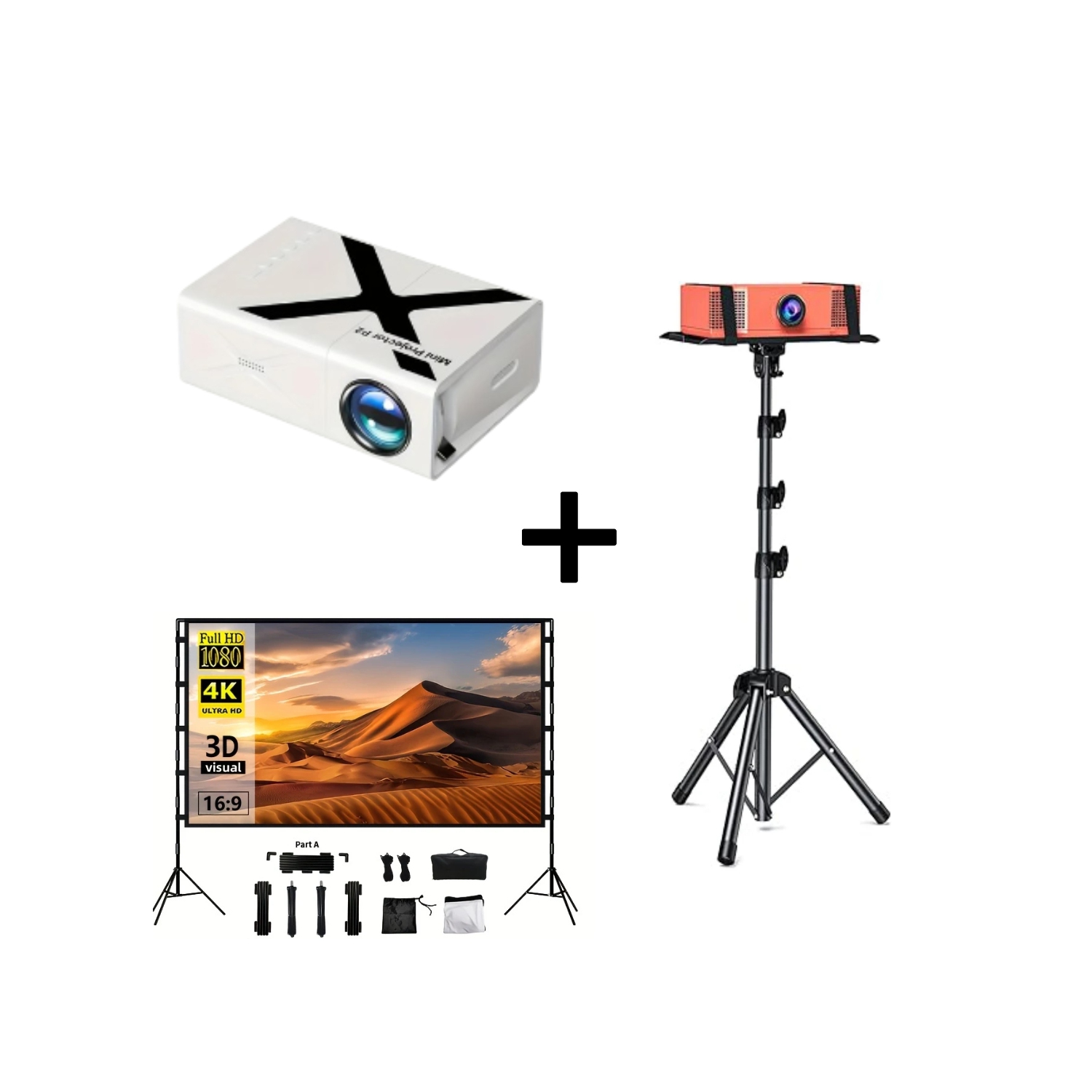 Mini projecteur HD compact avec écran 4K de 84&nbsp;po et trépied réglable pour visionnement extérieur et intérieur