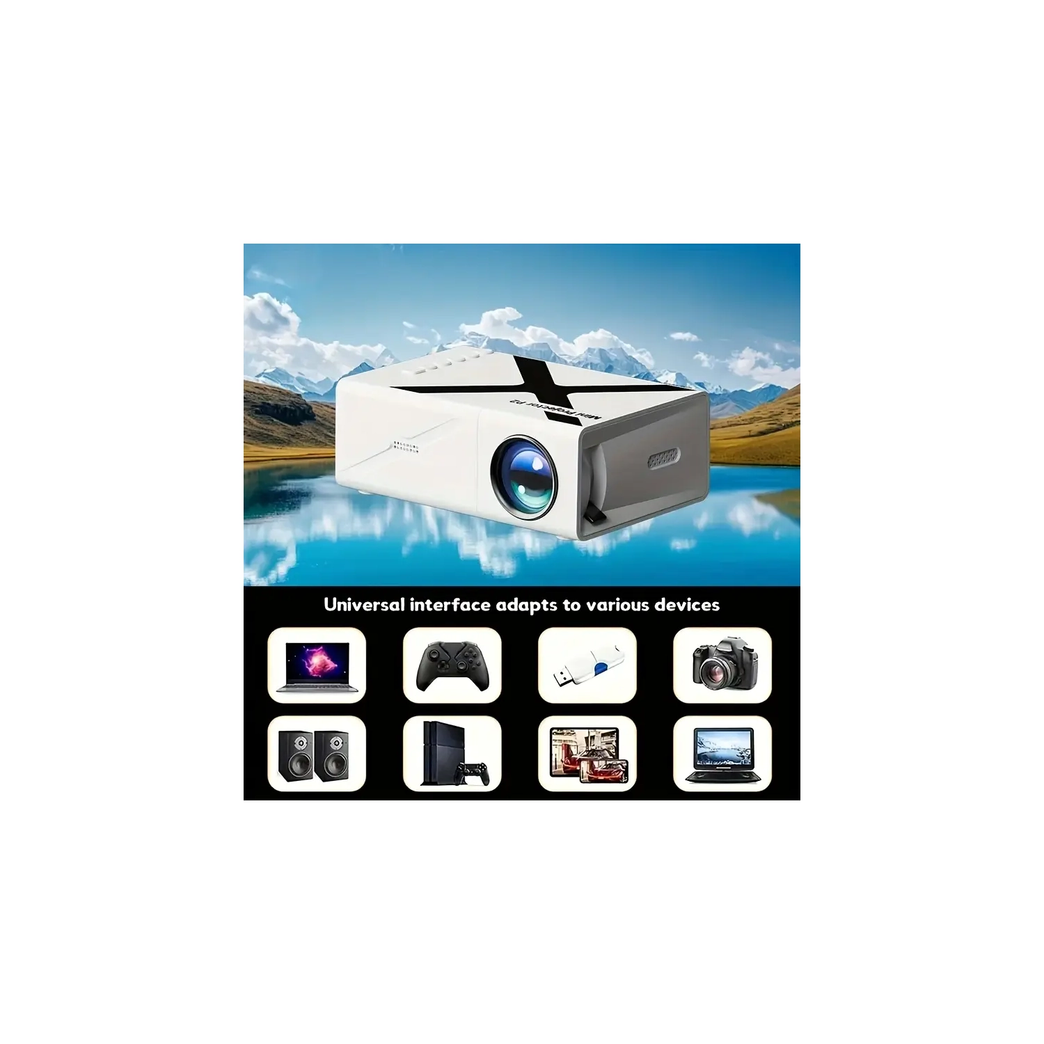 Mini projecteur HD compact avec écran 4K de 84 po et trépied réglable pour visionnement extérieur et intérieur