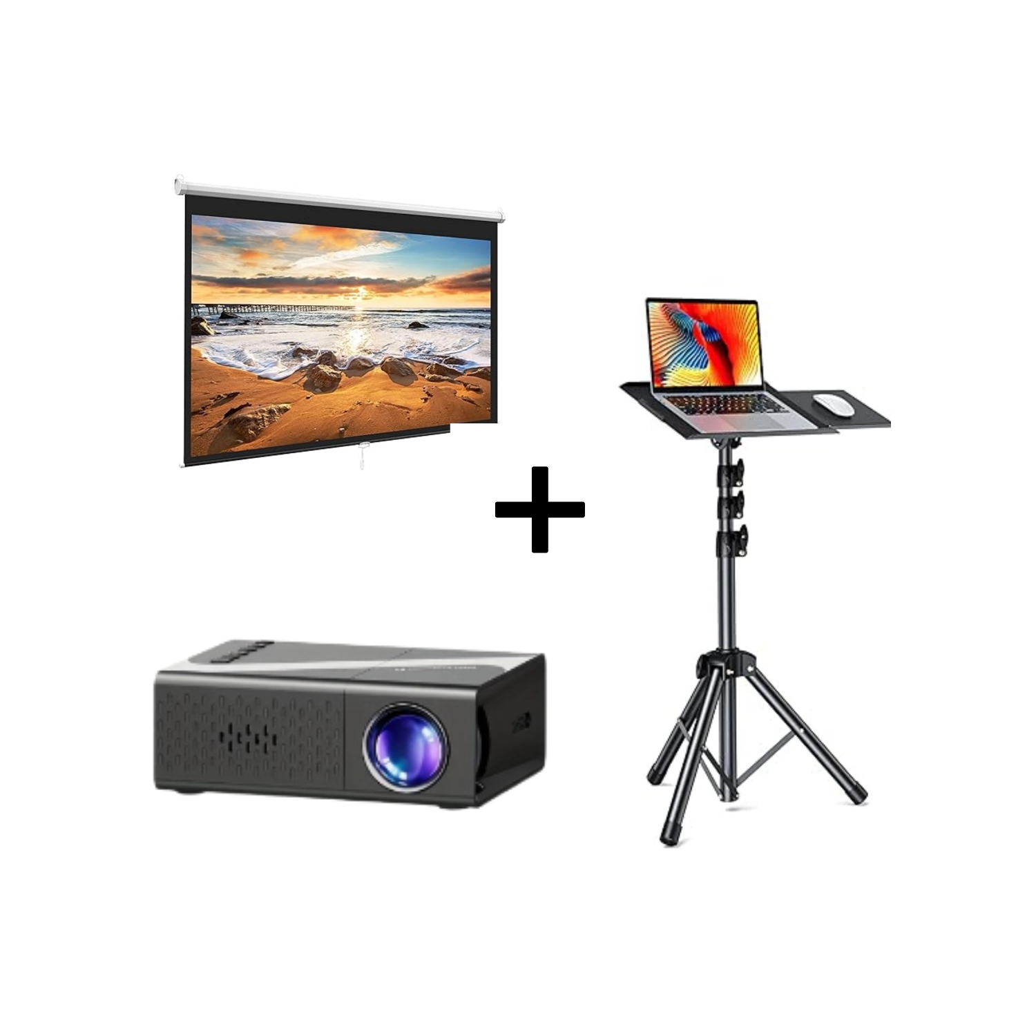3000+ Lumens HD Mini Projector with 100" Auto-Locking Screen and Adjustable Tripod Stand for Indoor and Outdoor Use