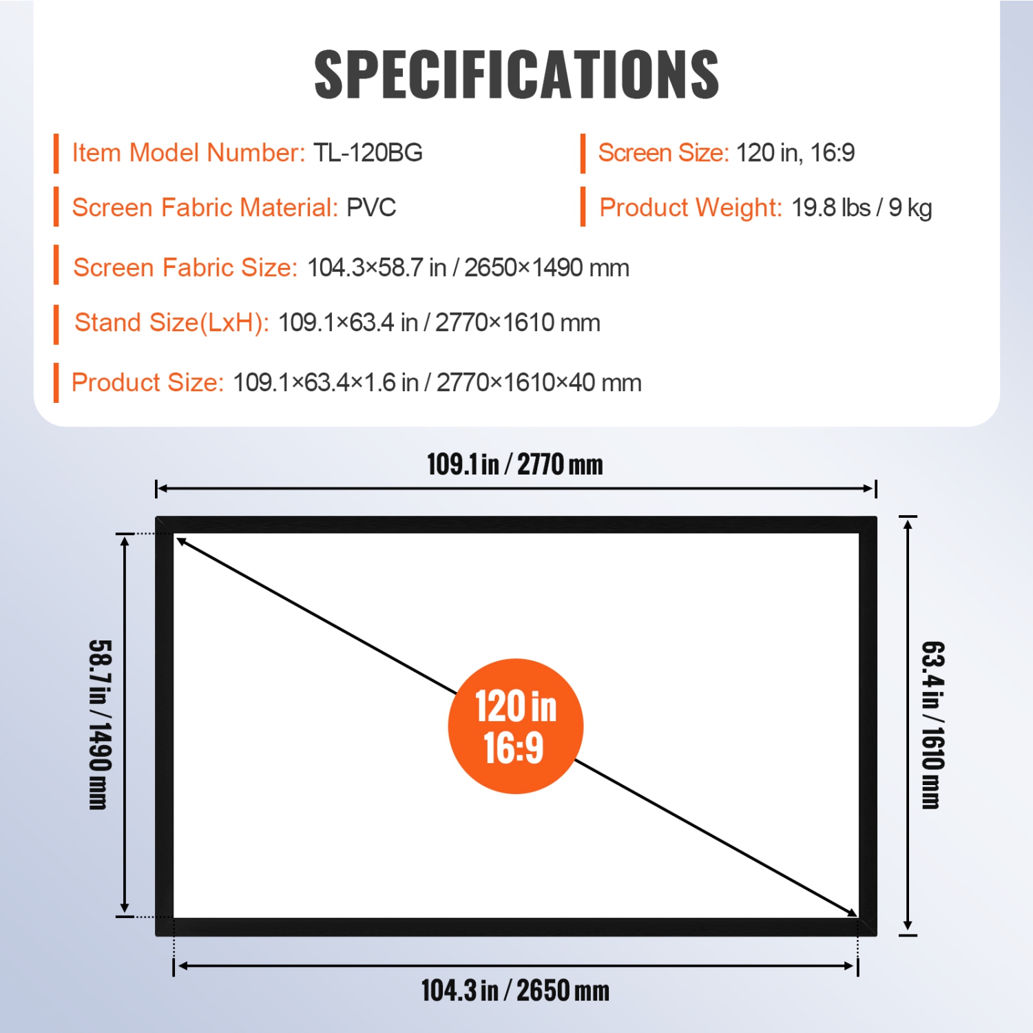 VEVOR Projection Screen 120inch 16:9 Movie Screen Fixed Frame 3D Projector Screen for 4K HDTV Movie Theater Home