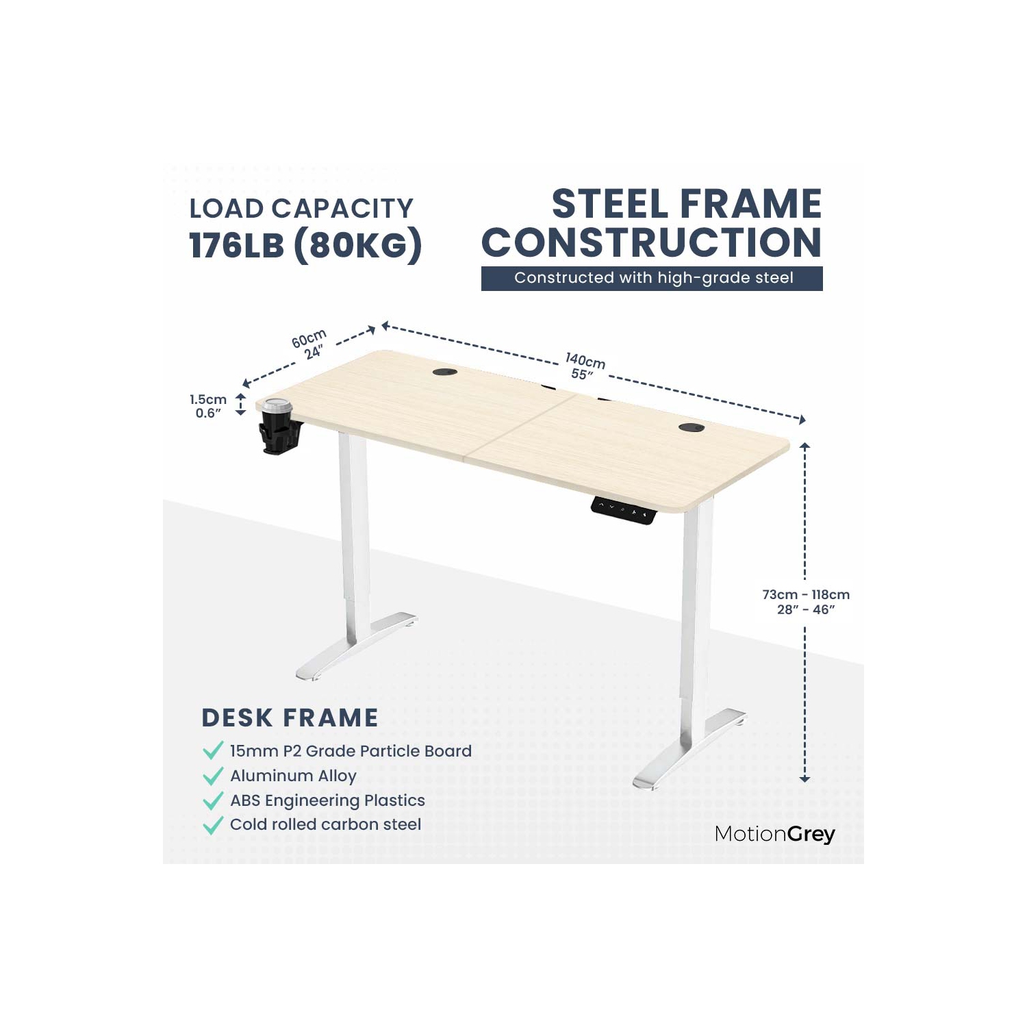 MotionGrey Ergo2 - Adjustable Electric Standing Desk with Memory Settings - 55"x24" Light Brown Top White Frame - Ergonomic Sit-to-Stand Desk for