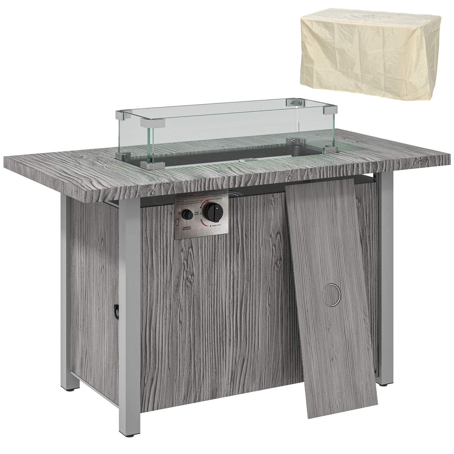 Table avec foyer au gaz propane Outsunny pour jardin, radiateur de patio extérieur sans fumée 50000&nbsp;BTU avec couvercle étanche, écran en verre,