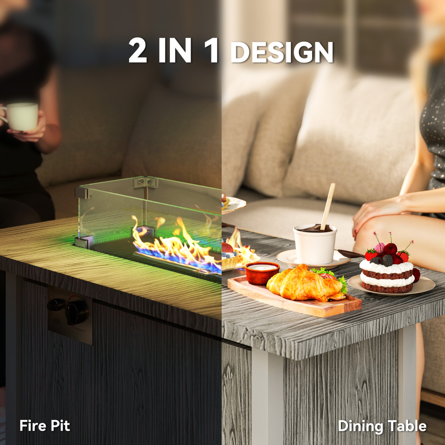 Table avec foyer au gaz propane Outsunny pour jardin, radiateur de patio extérieur sans fumée 50000&nbsp;BTU avec couvercle étanche, écran en verre,