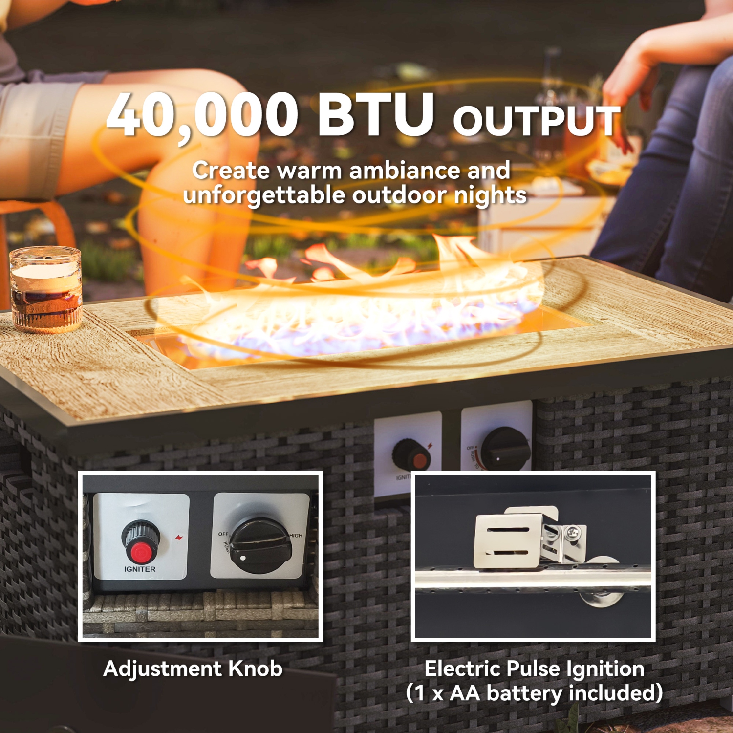 Ensemble de 2 tables à foyer au propane Outsunny avec porte-réservoir de propane dissimulé, table à foyer au gaz extérieur en rotin