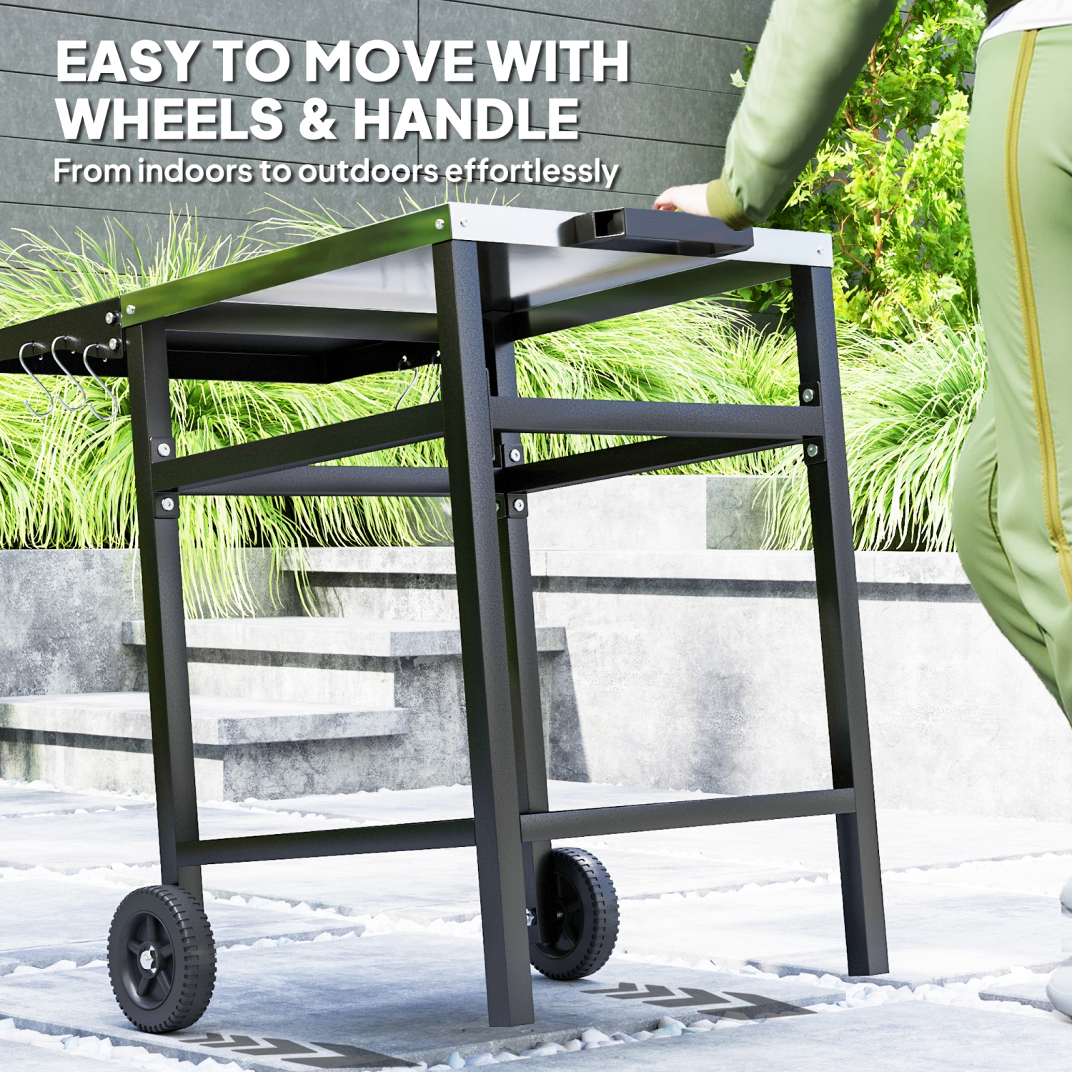 Outsunny Outdoor Grill Dining Cart with Stainless Steel Top and Foldable Side Table, BBQ Movable Pizza Oven Stand Food Prep Table Trolley with Hooks