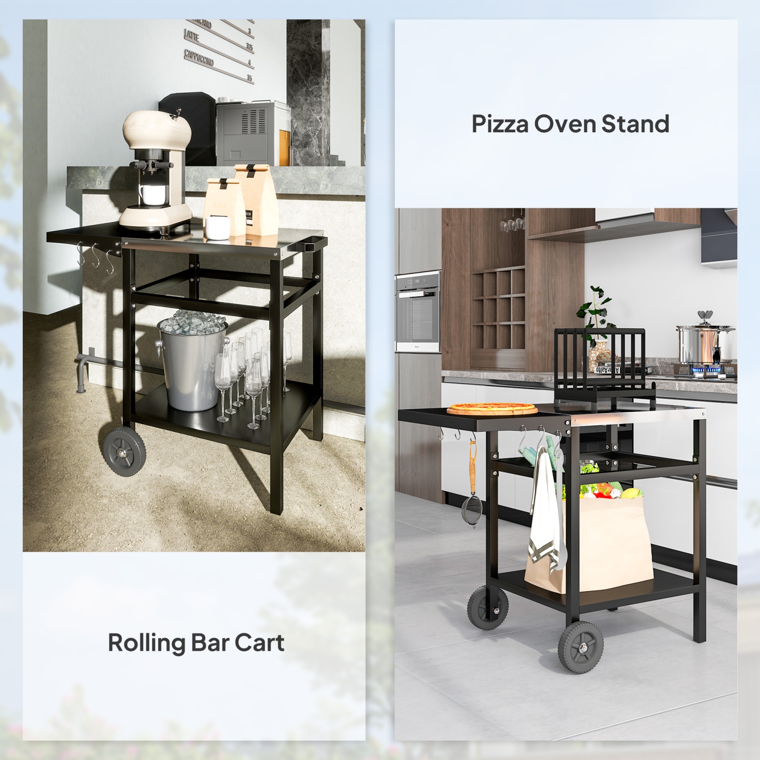 Outsunny Outdoor Grill Dining Cart with Stainless Steel Top and Foldable Side Table, BBQ Movable Pizza Oven Stand Food Prep Table Trolley with Hooks