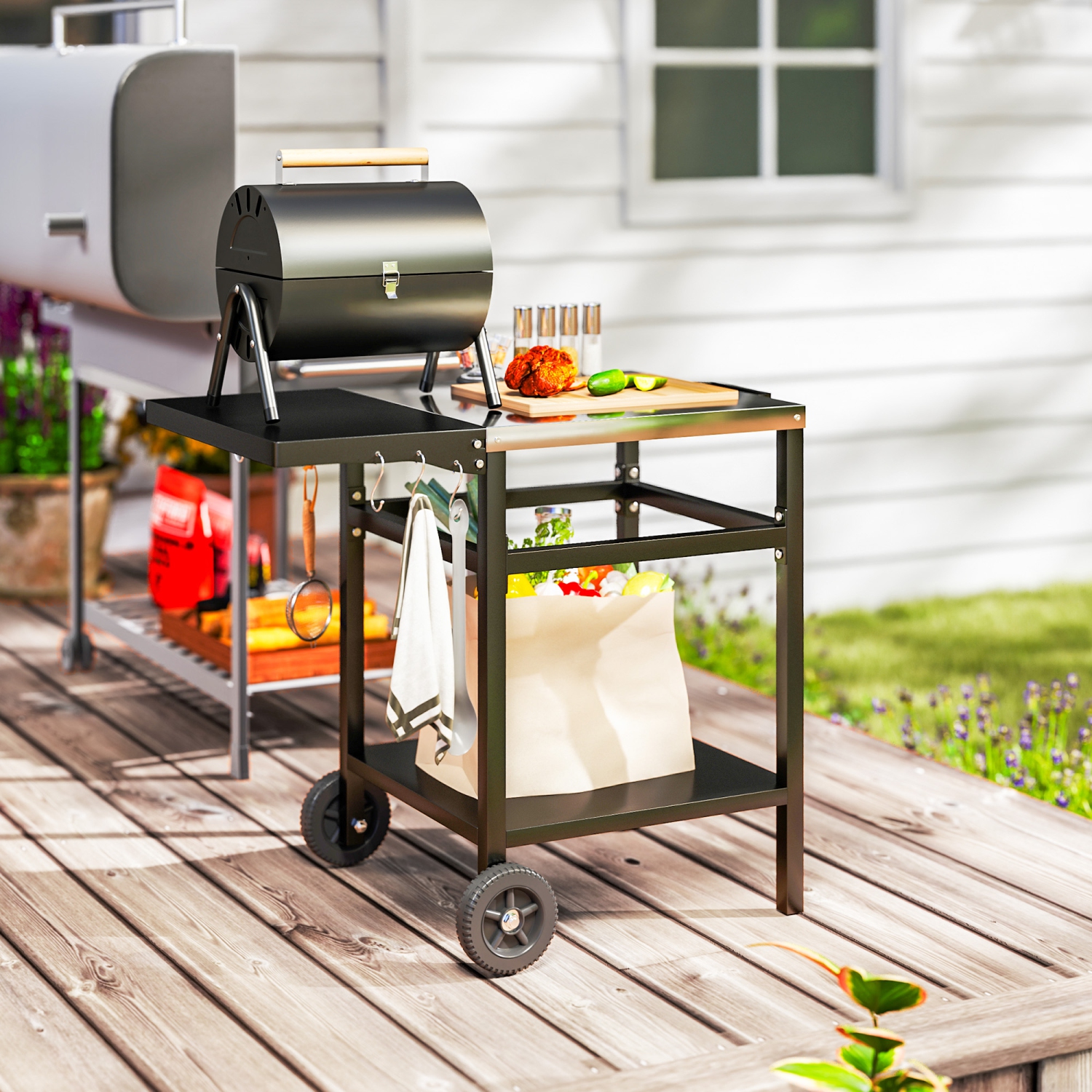 Outsunny Outdoor Grill Dining Cart with Stainless Steel Top and Foldable Side Table, BBQ Movable Pizza Oven Stand Food Prep Table Trolley with Hooks