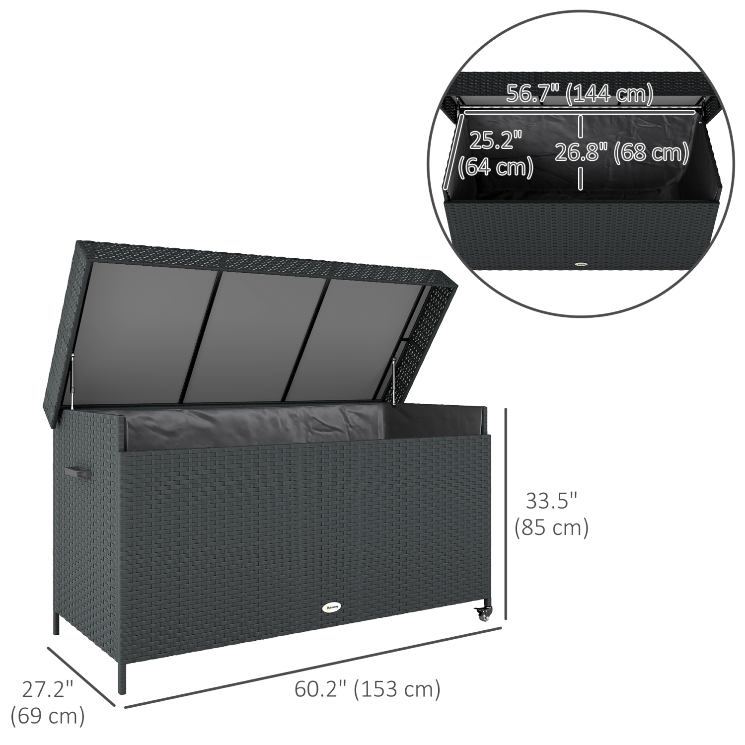 Outsunny 165 Gallon Deck Box, Wicker Outdoor Storage Box with Waterproof Liner, Gas Strut and Universal Wheels, Rattan Patio Storage Container for