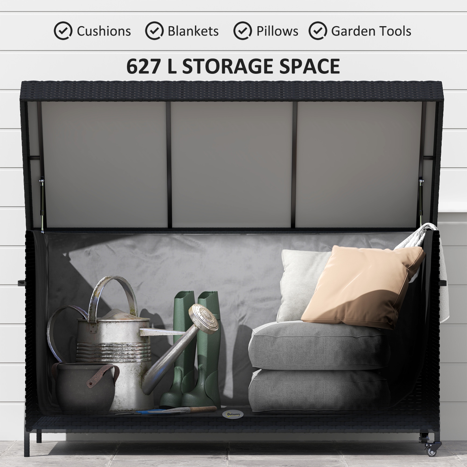 Outsunny 165 Gallon Deck Box, Wicker Outdoor Storage Box with Waterproof Liner, Gas Strut and Universal Wheels, Rattan Patio Storage Container for