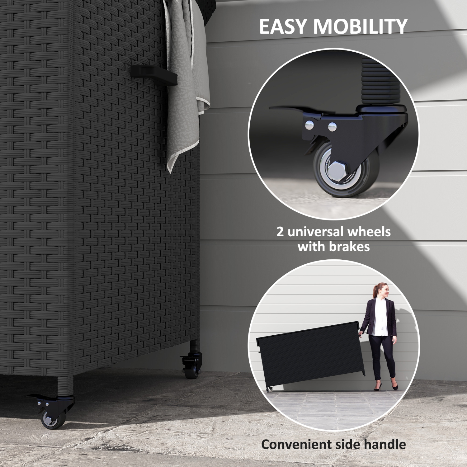 Outsunny 165 Gallon Deck Box, Wicker Outdoor Storage Box with Waterproof Liner, Gas Strut and Universal Wheels, Rattan Patio Storage Container for