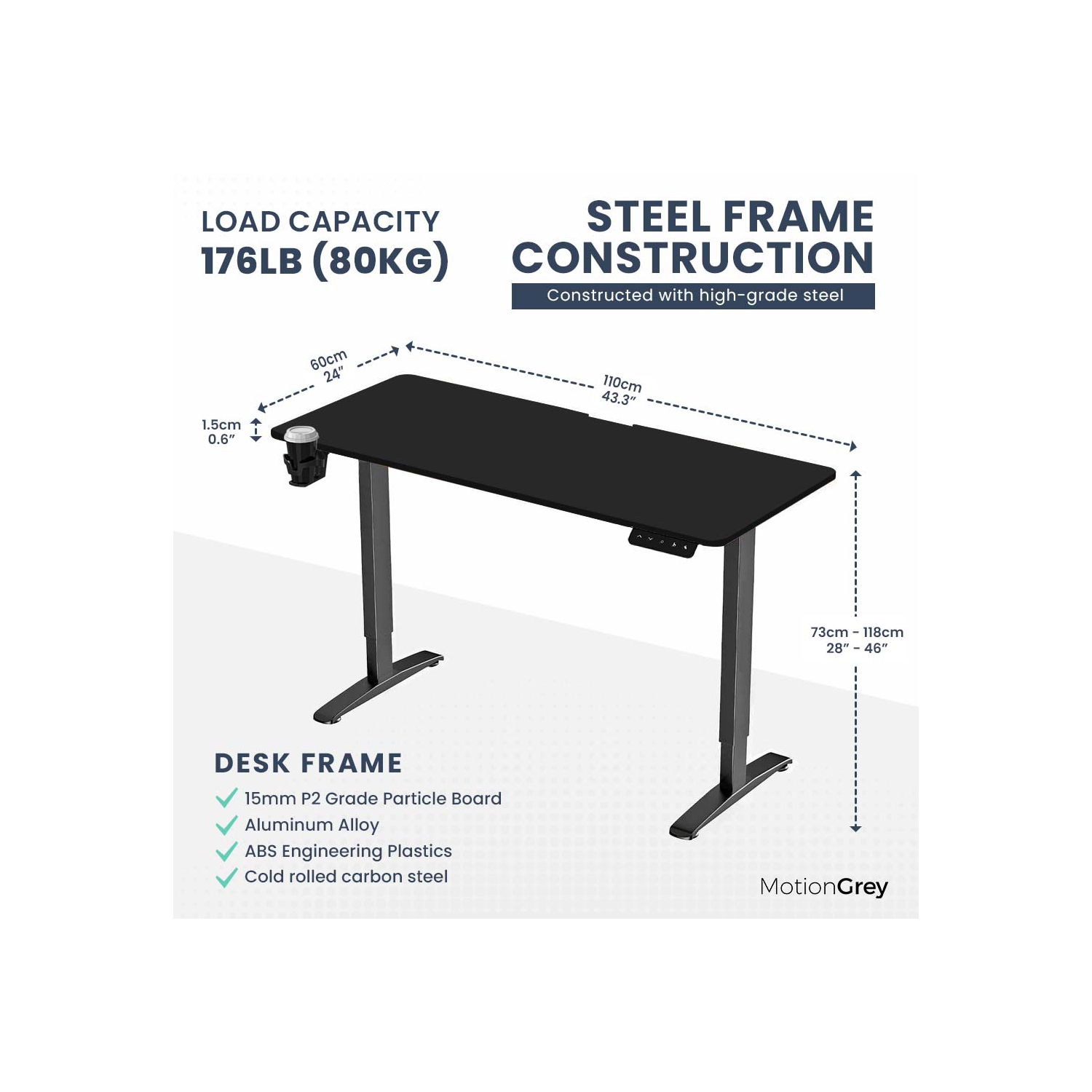 MotionGrey Ergo2 - Adjustable Electric Standing Desk with Memory Settings - 43"x24" Black Top Black Frame - Ergonomic Sit-to-Stand Desk for Home and