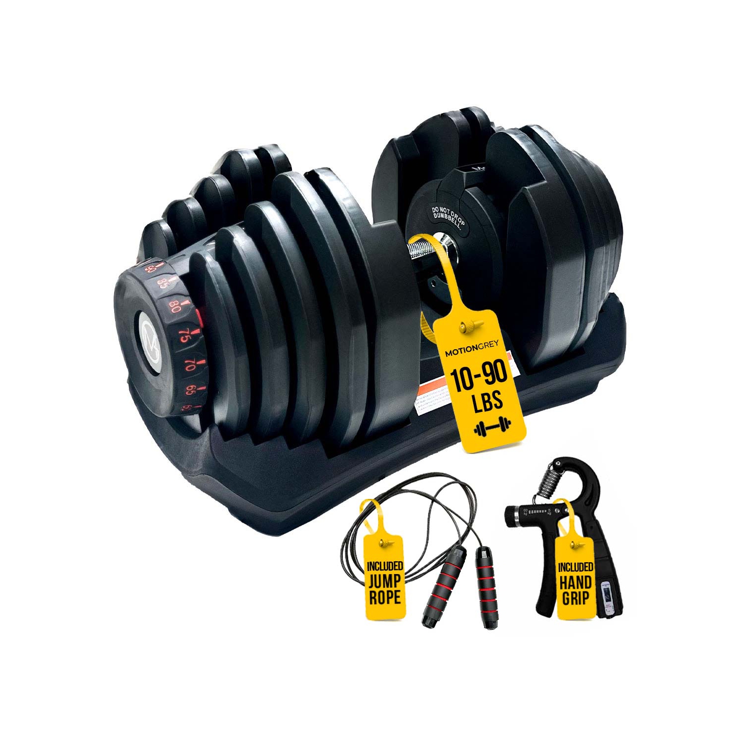 MotionGrey Adjustable Dumbbell 10 to 90 LB, Free High Strength Hand Grip Included 15 Adjustable Weight Settings Dumb Bell Barbell, Anti-slip Metal