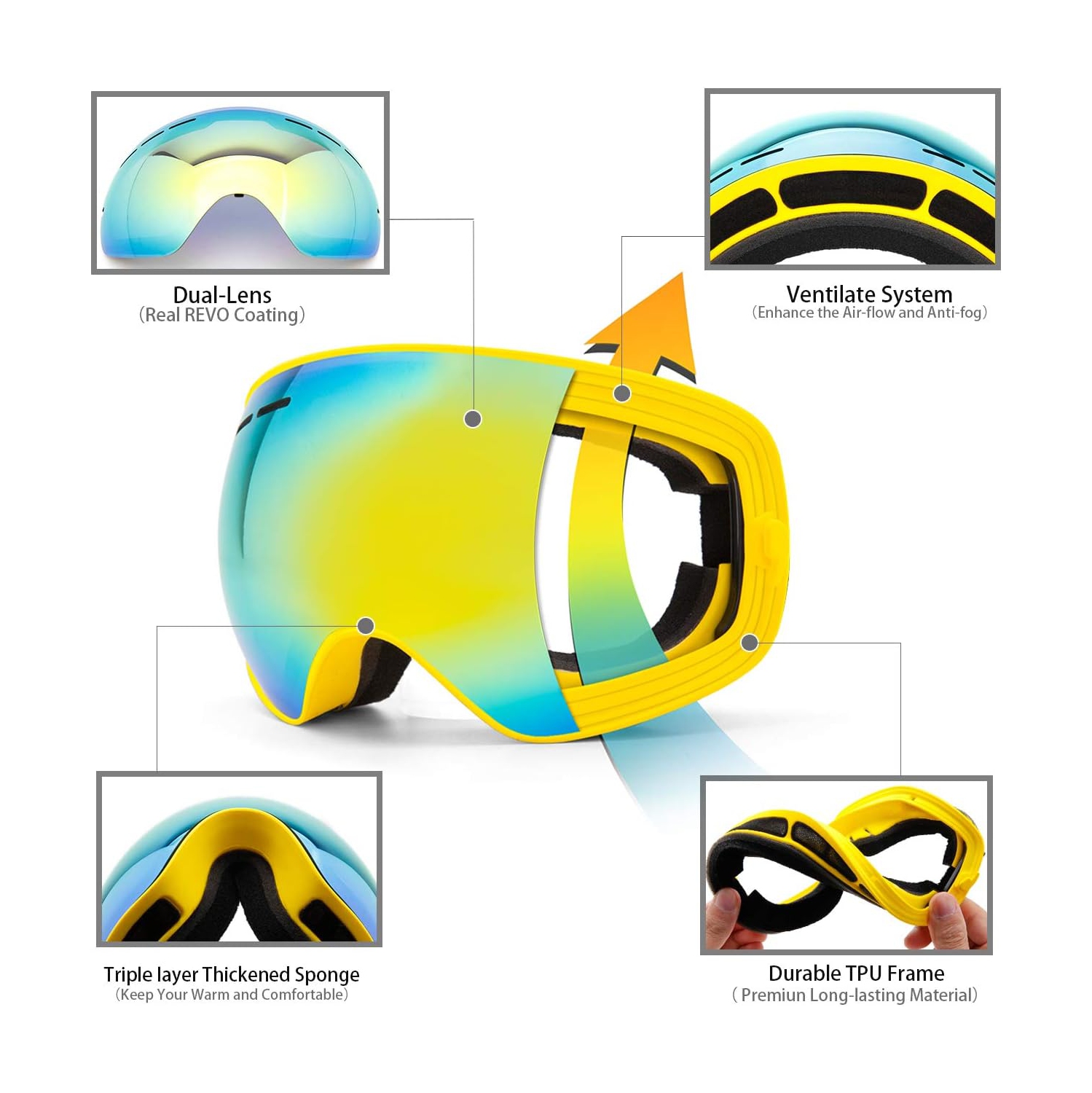 Ski Goggles,Winter Snow Sports Snowboard Goggles Youth & Men Women Skiing Skating Snowmobile,V06kids 4-16(vlt18%)yellow Frame/Gold
