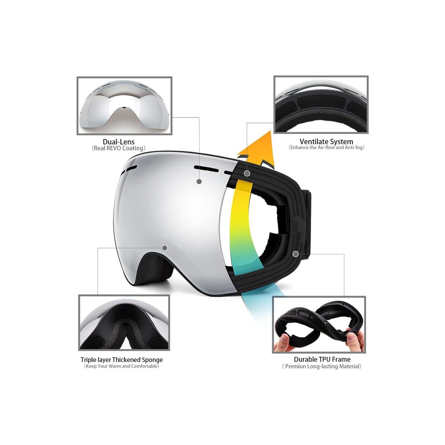 Ski Goggles,Winter Snow Sports Snowboard Goggles Youth & Men Women Skiing Skating Snowmobile,Black Frame/Mirror(vlt18.5%)lens