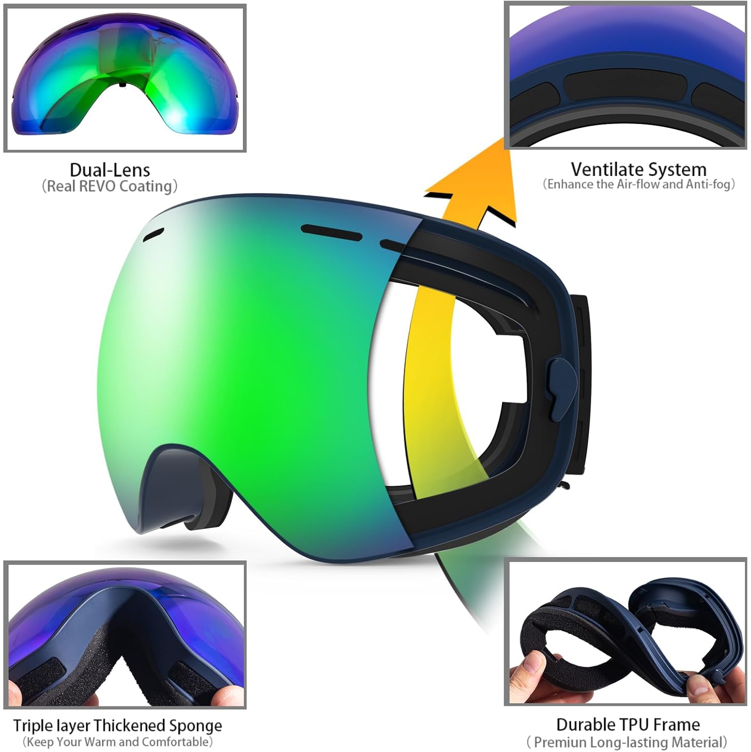 Ski Goggles,Winter Snow Sports Snowboard Goggles Youth & Men Women Skiing Skating Snowmobile,A19-matter Blue Frame/Green