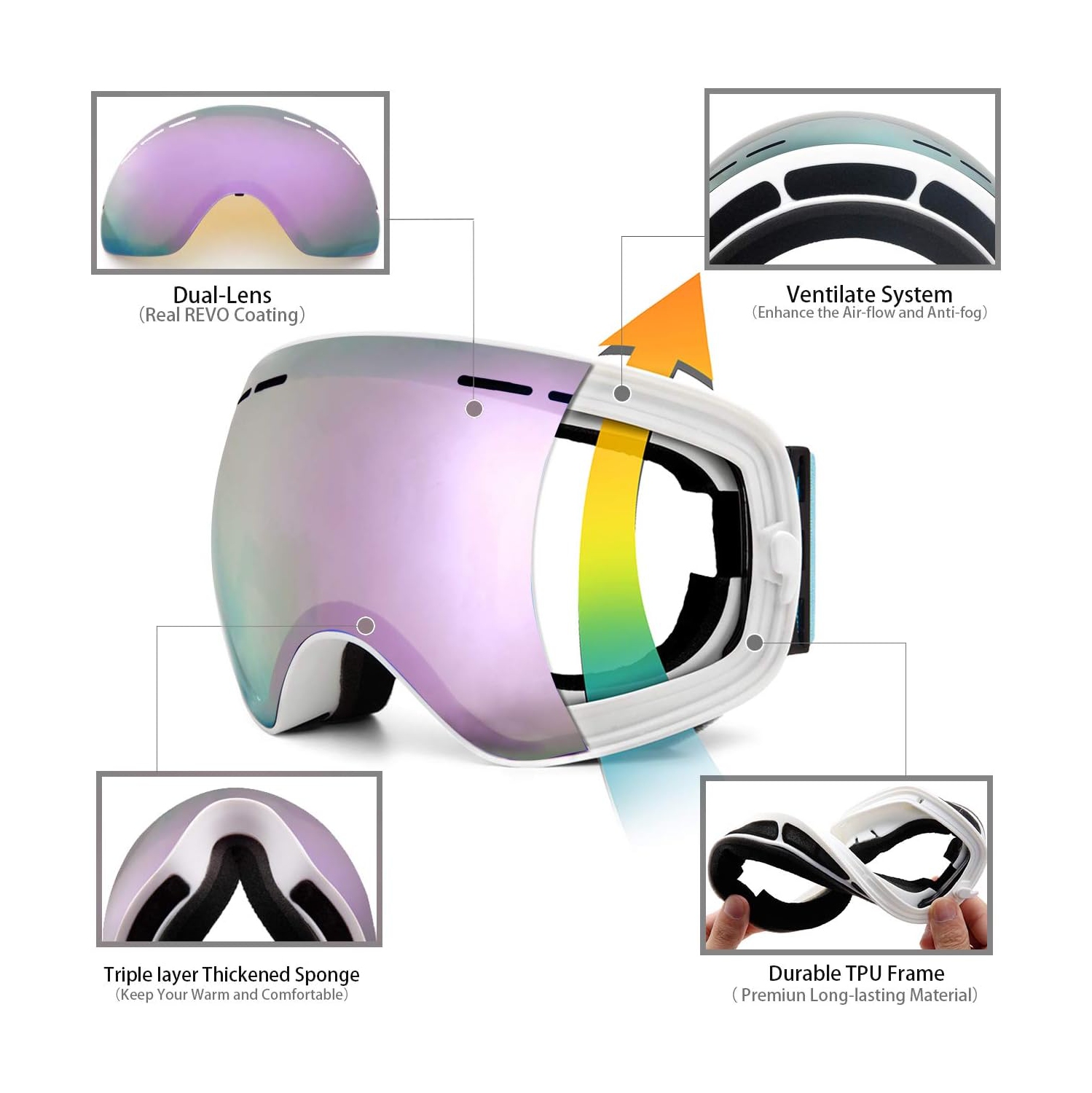 Ski Goggles,Winter Snow Sports Snowboard Goggles Youth & Men Women Skiing Skating Snowmobile,Arctic White / Purple Sapphire