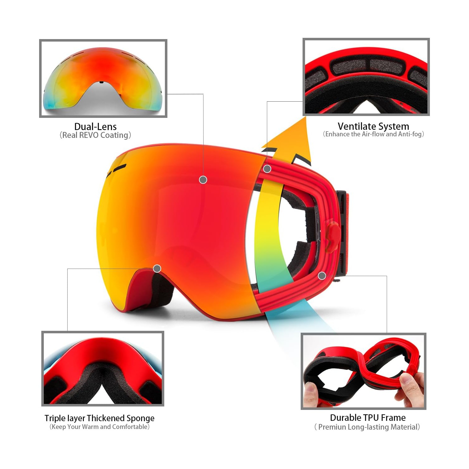 Ski Goggles,Winter Snow Sports Snowboard Goggles Youth & Men Women Skiing Skating Snowmobile,A09-red Strap /Red(vlt22.6%)