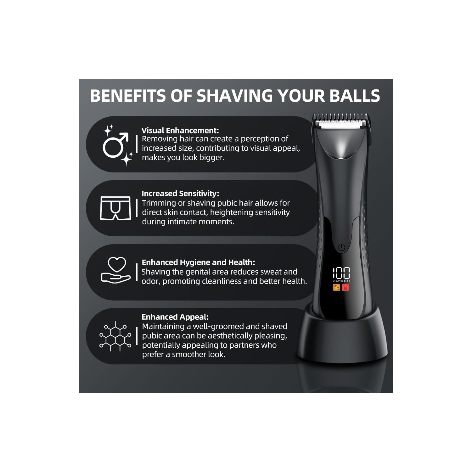 Groin Hair Trimmer,Electric Body Hair Trimmer for Men,Waterproof Ball Trimmer for Pubic Body Groin Grooming with LED Light,Charging Base