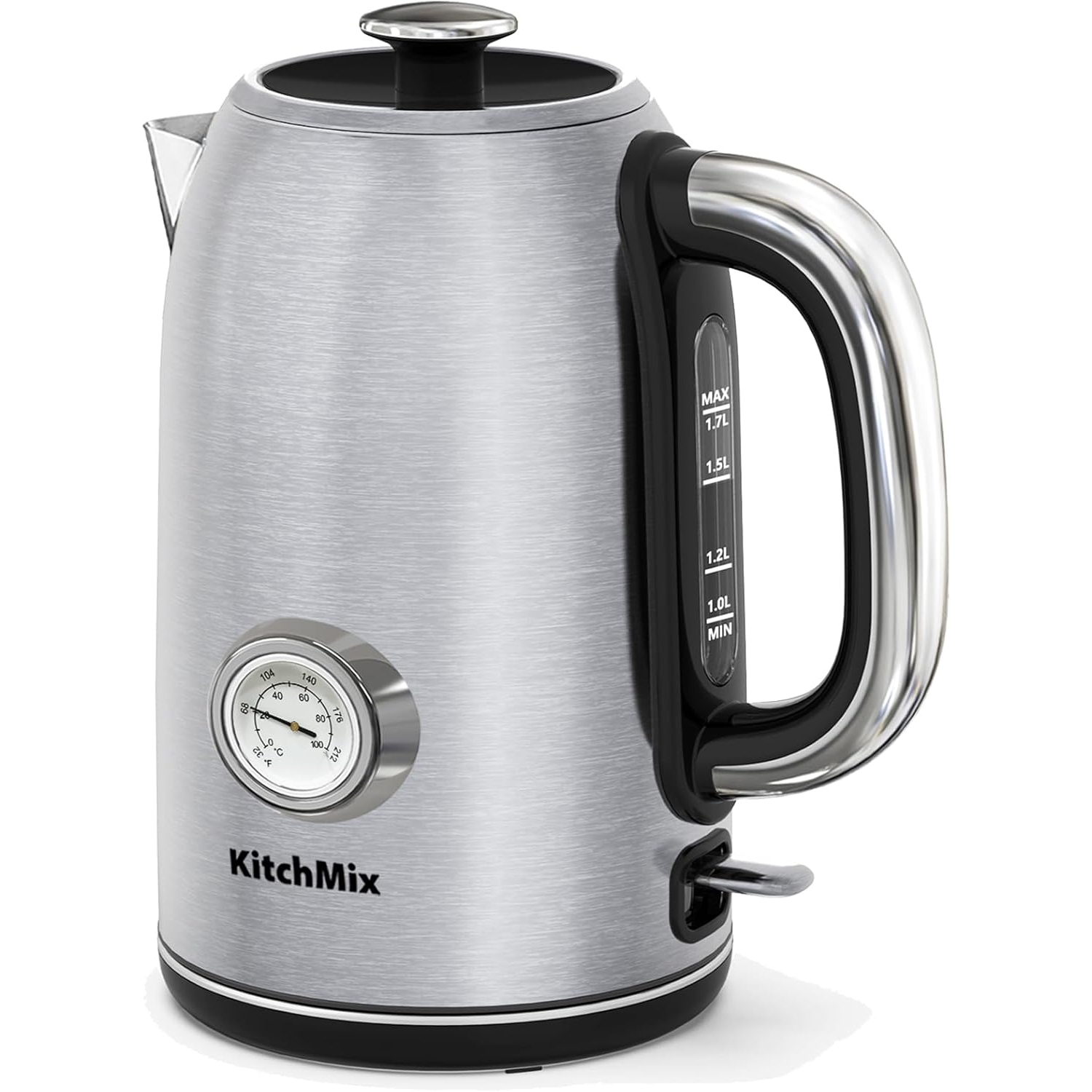 KitchMix Electric Kettle,1.7L Stainless Steel Tea Kettle with Thermometer,1500W Cordless Water Boiler with LED Indicator, Auto Shut-Off & Boil-Dry,