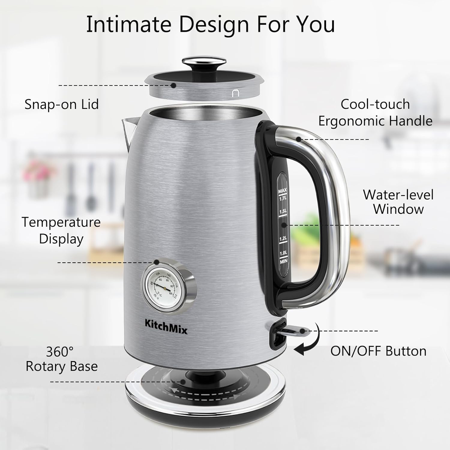 KitchMix Electric Kettle,1.7L Stainless Steel Tea Kettle with Thermometer,1500W Cordless Water Boiler with LED Indicator, Auto Shut-Off & Boil-Dry,