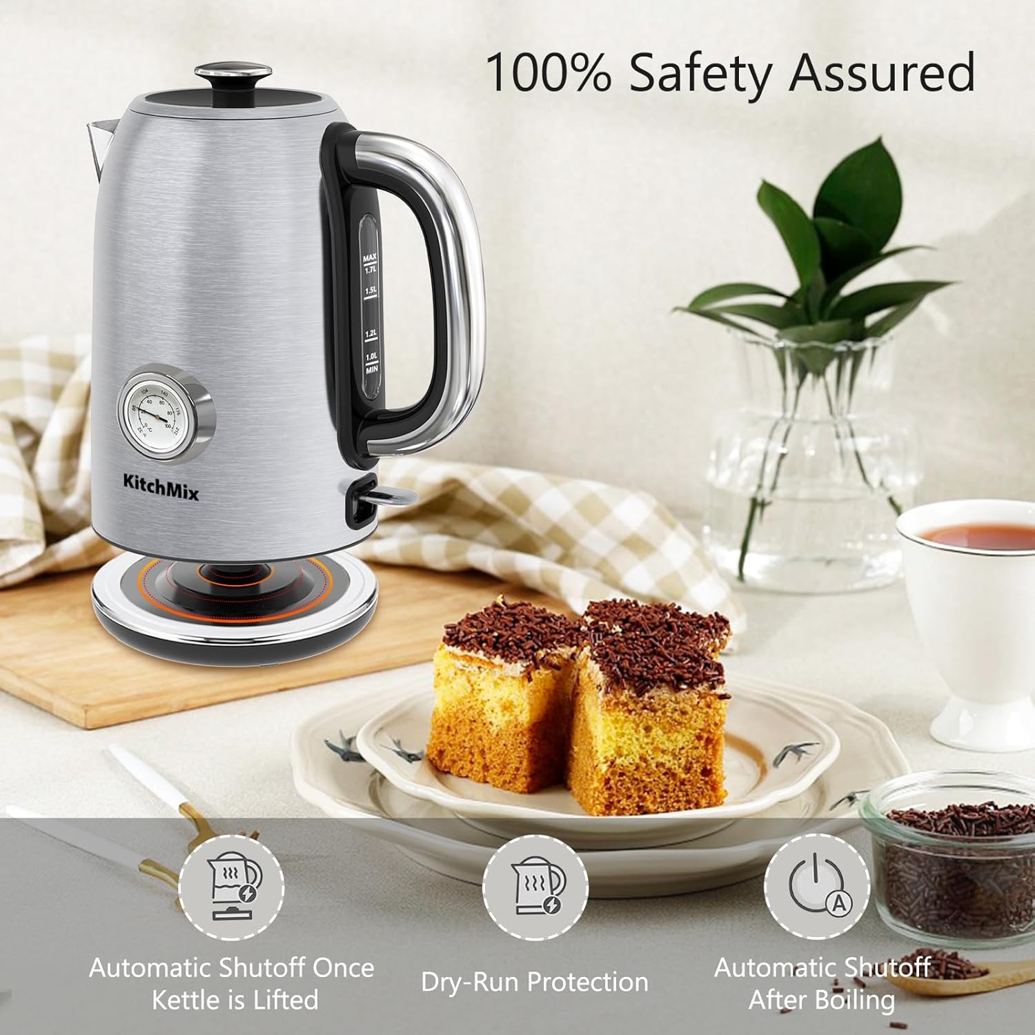 KitchMix Electric Kettle,1.7L Stainless Steel Tea Kettle with Thermometer,1500W Cordless Water Boiler with LED Indicator, Auto Shut-Off & Boil-Dry,