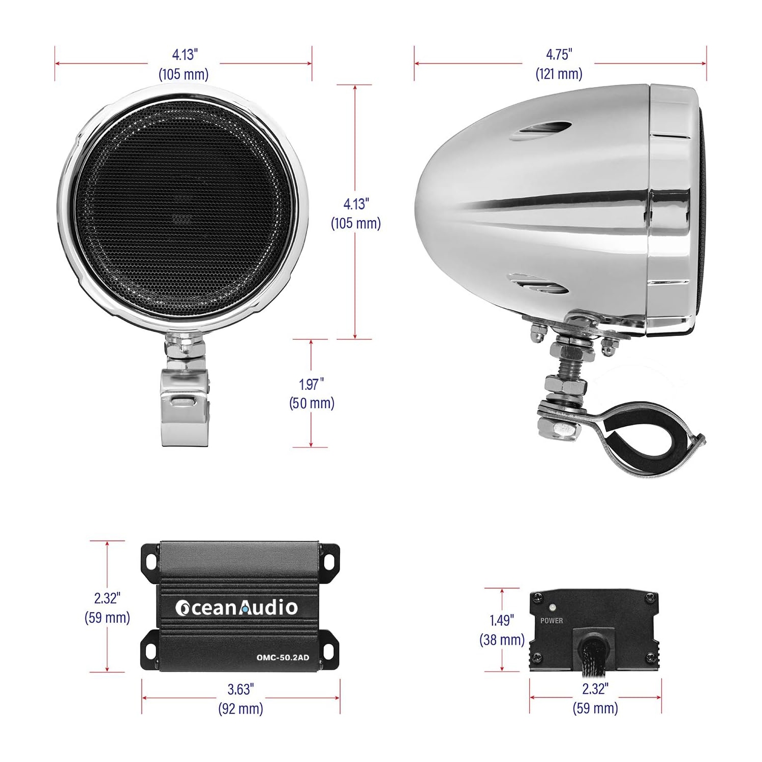 OceanAudio OMC-50.2AD 3 Inch Weatherproof Speakers and Super Mini Amplifier with BT Streaming for 12V Motorcycle, ATV, UTV, Adjustable Brackets,