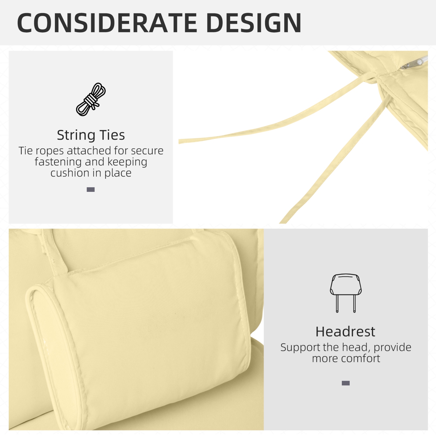 Remplacement du coussin de chaise longue Outsunny Garden, coussins de patio rembourrés épais, appuie-tête, housse amovible, coussin SEULEMENT, blanc