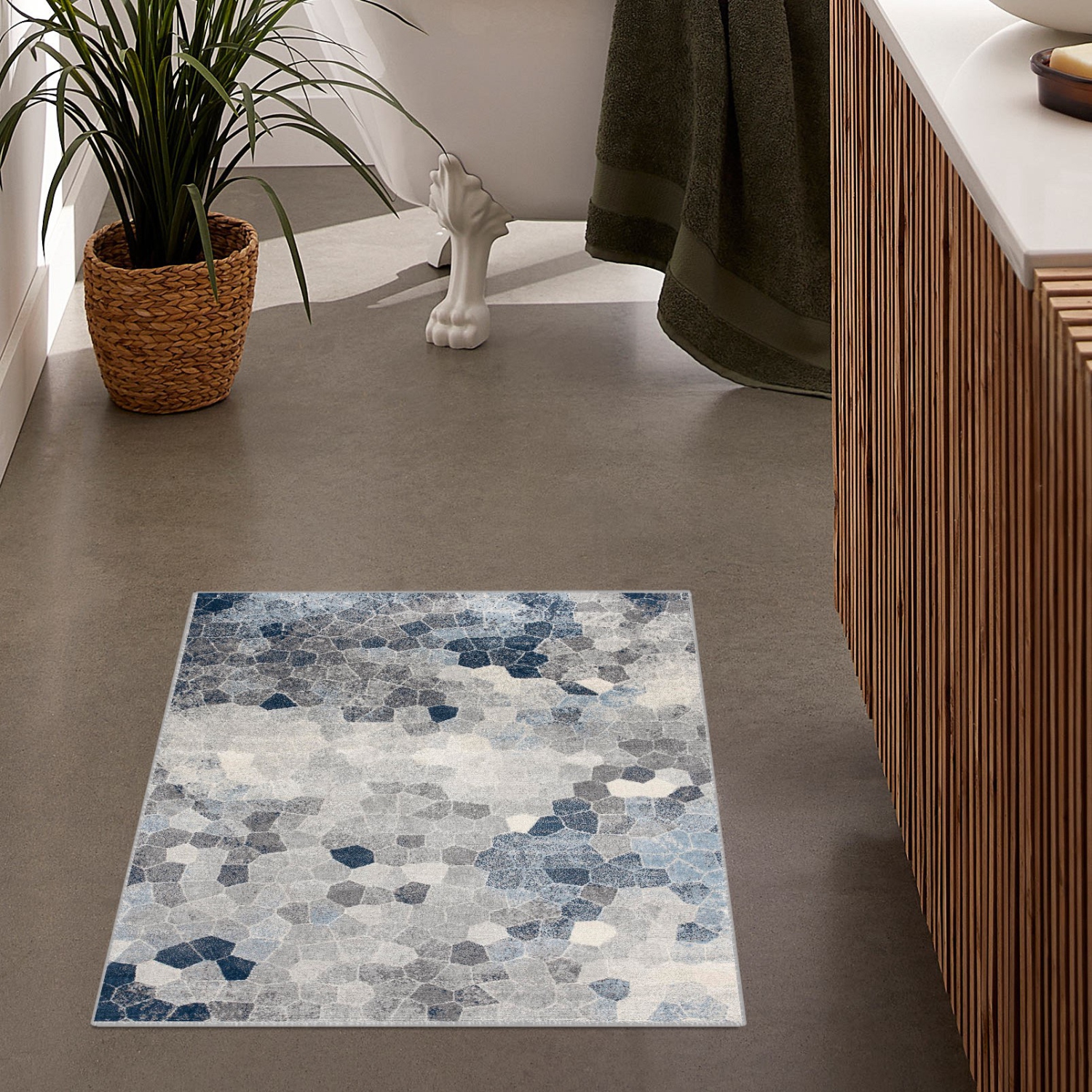 Tapis d'intérieur contemporain Joni pierre à mosaïque bleu/beige