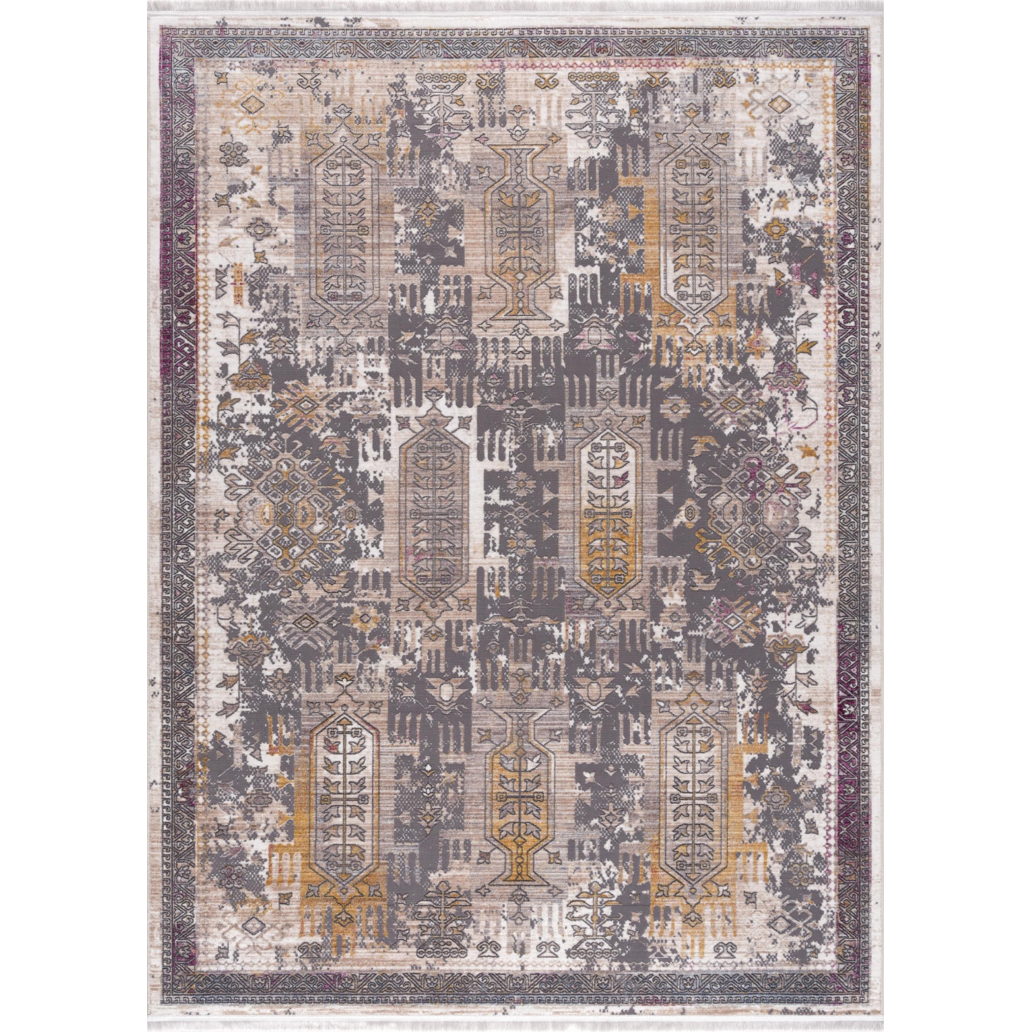 Tapis d'intérieur transitionnel à motif médaillon vieilli gris/beige Branch Paletta