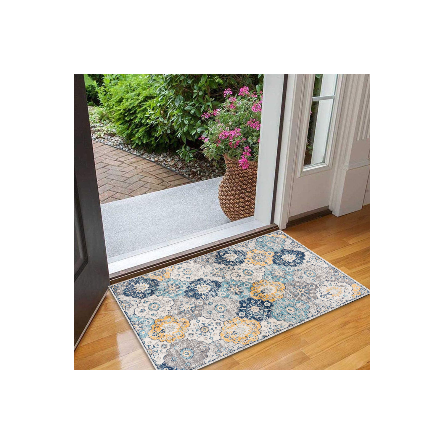 Tapis d'intérieur contemporain Valencia floral rétro bleu/gris