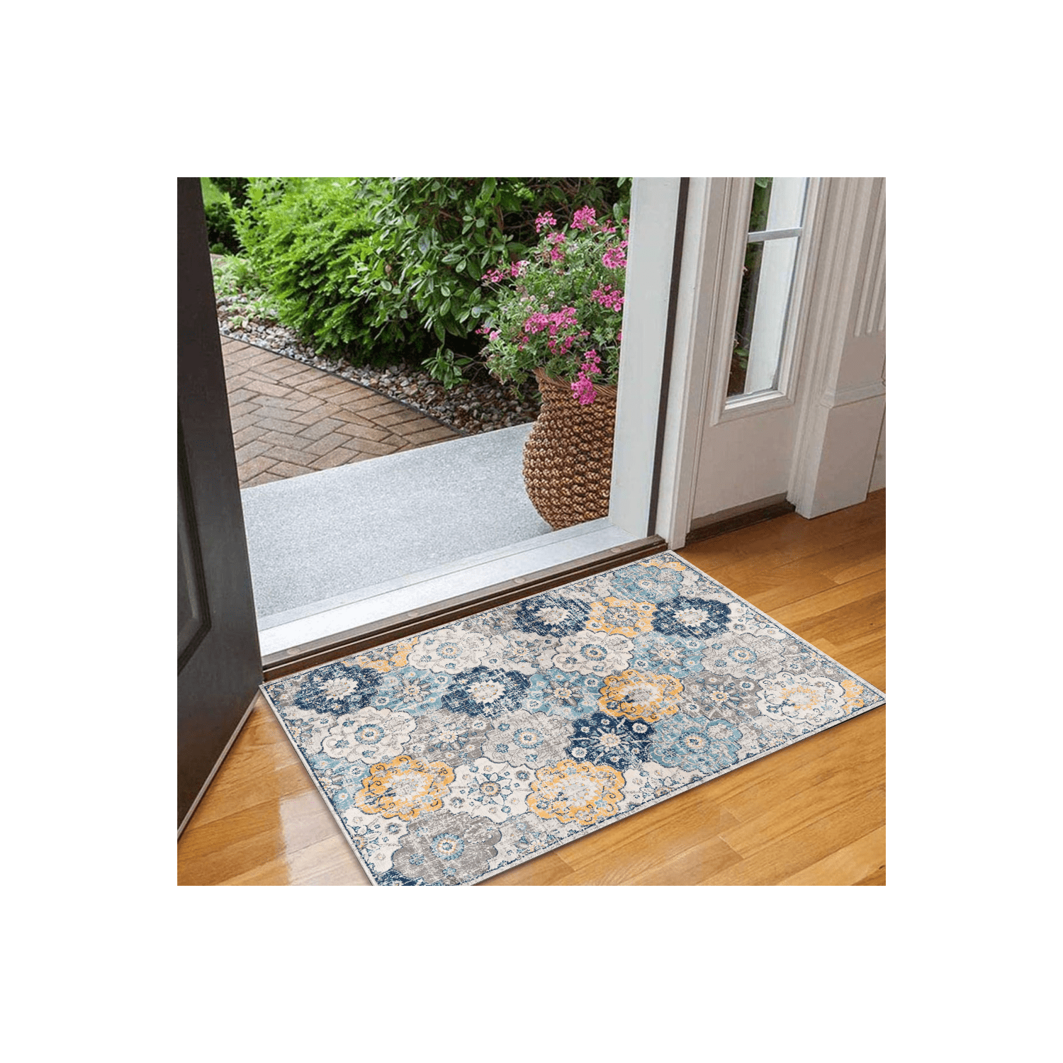 Tapis d'intérieur contemporain Valencia floral rétro bleu/gris