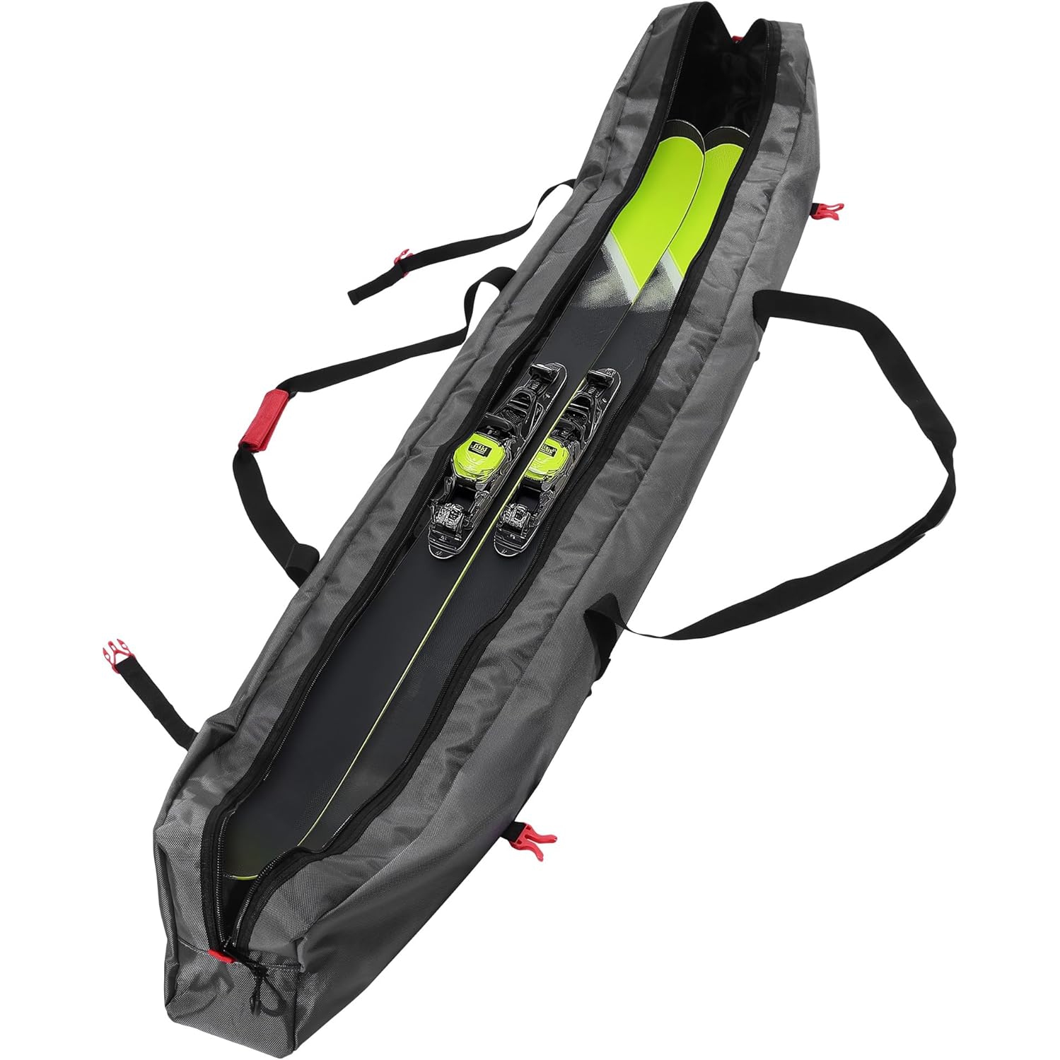Sac de ski pour 1 paire de skis et de bâtons avec fermeture à glissière, 2 sangles avec boucles et poignées de transport, noir / rouge