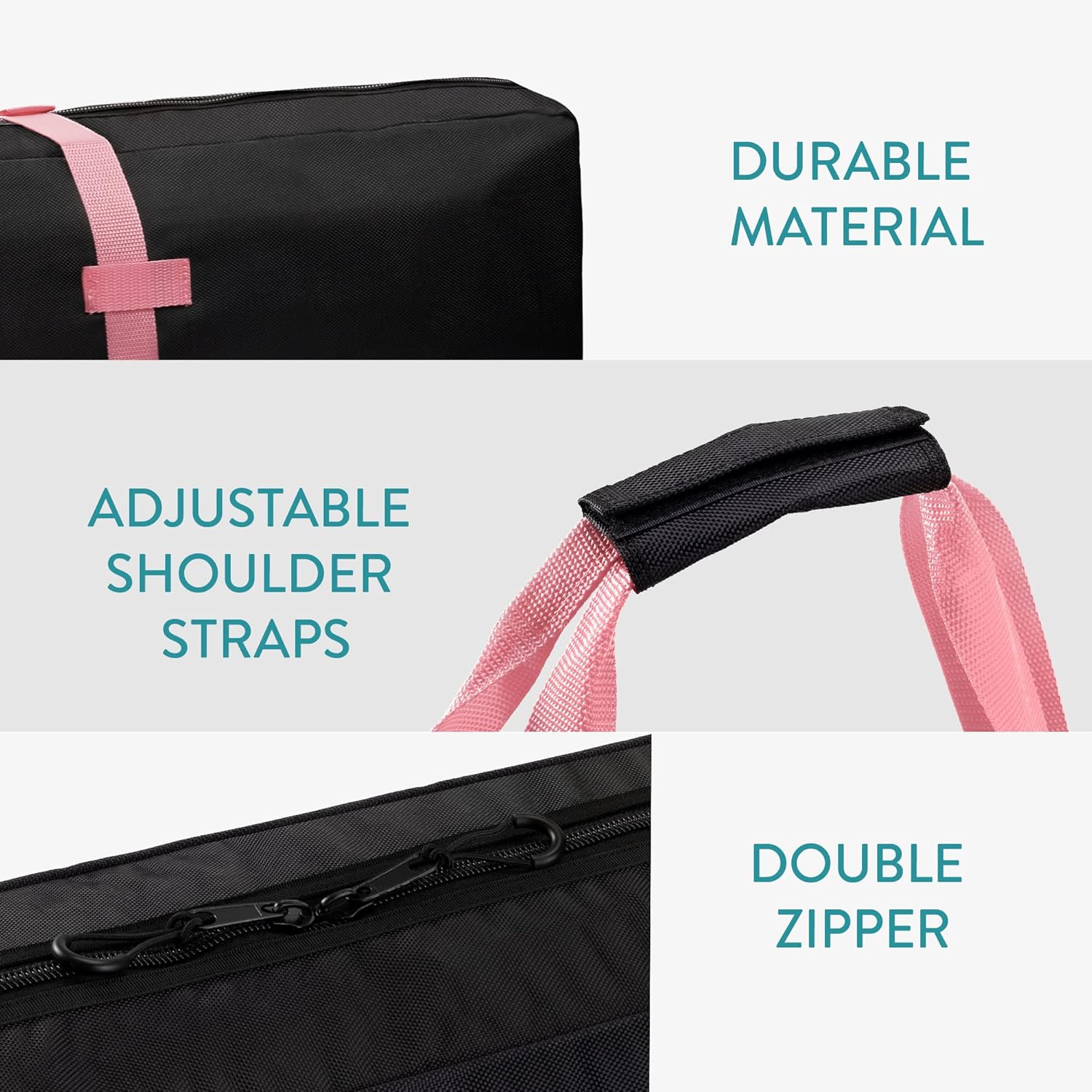 Sac de ski pour 1 paire de skis et de bâtons avec fermeture à glissière, 2 sangles avec boucles et poignées de transport, noir / rose foncé