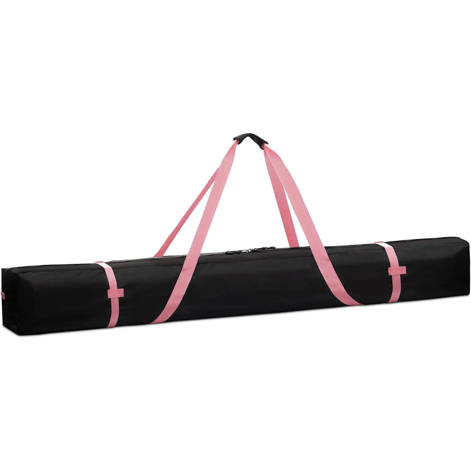 Sac de ski pour 1 paire de skis et de bâtons avec fermeture à glissière, 2 sangles avec boucles et poignées de transport, noir / rose foncé
