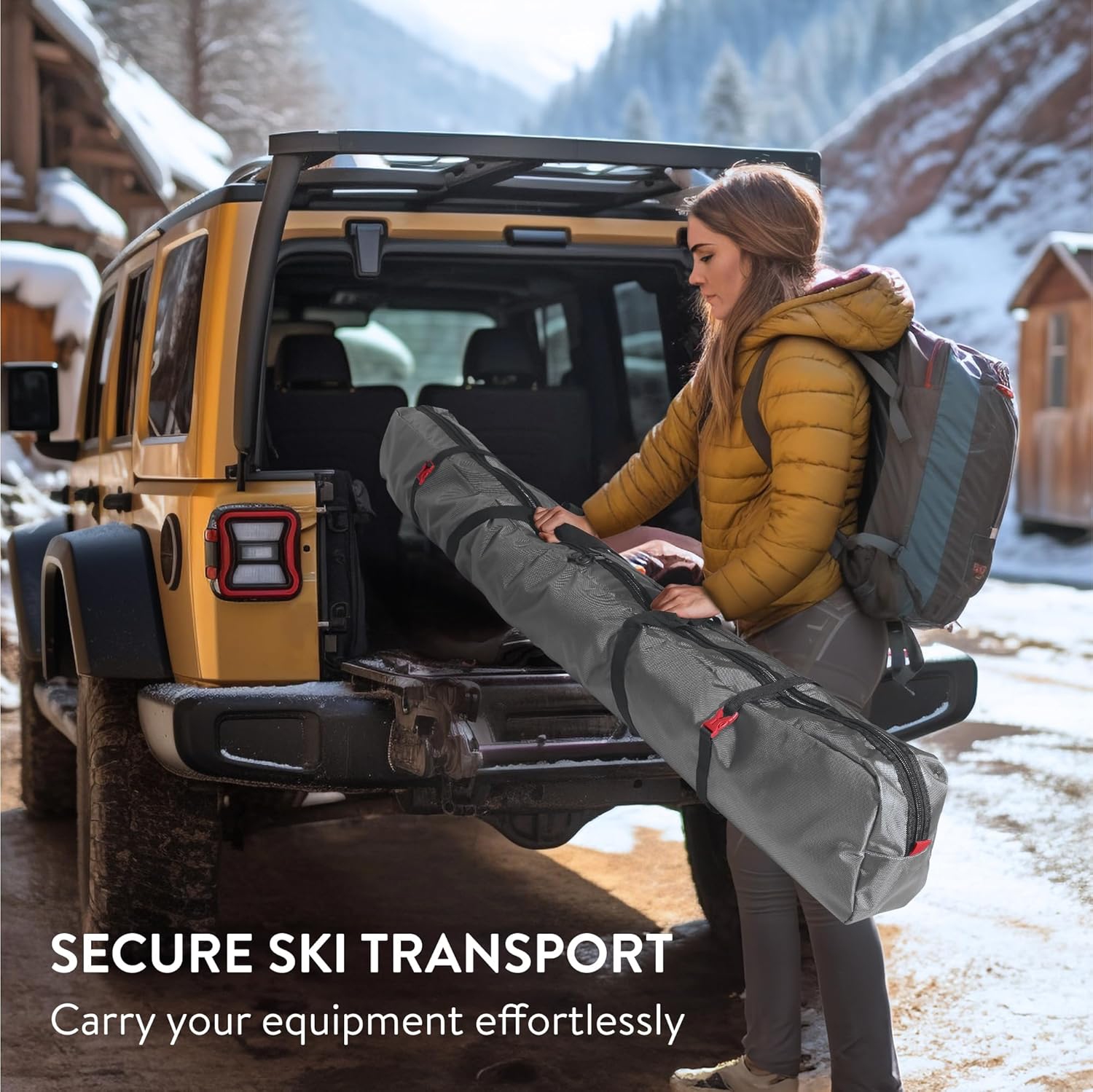 Sac de ski pour 1 paire de skis et de bâtons avec fermeture à glissière, 2 sangles avec boucles et poignées de transport, noir / rouge