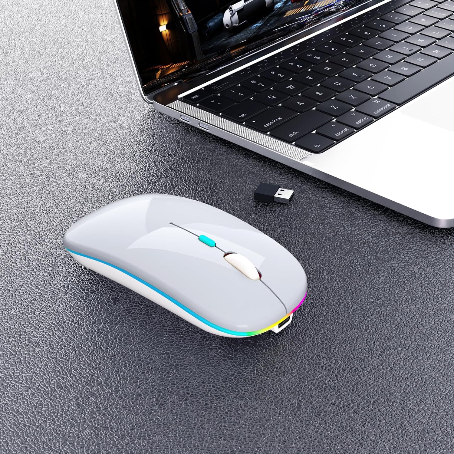 Souris sans fil Bluetooth rechargeable pour portable LED portatif Souris d'ordinateur Connexion à deux modes Souris mince silencieuse (argenté)