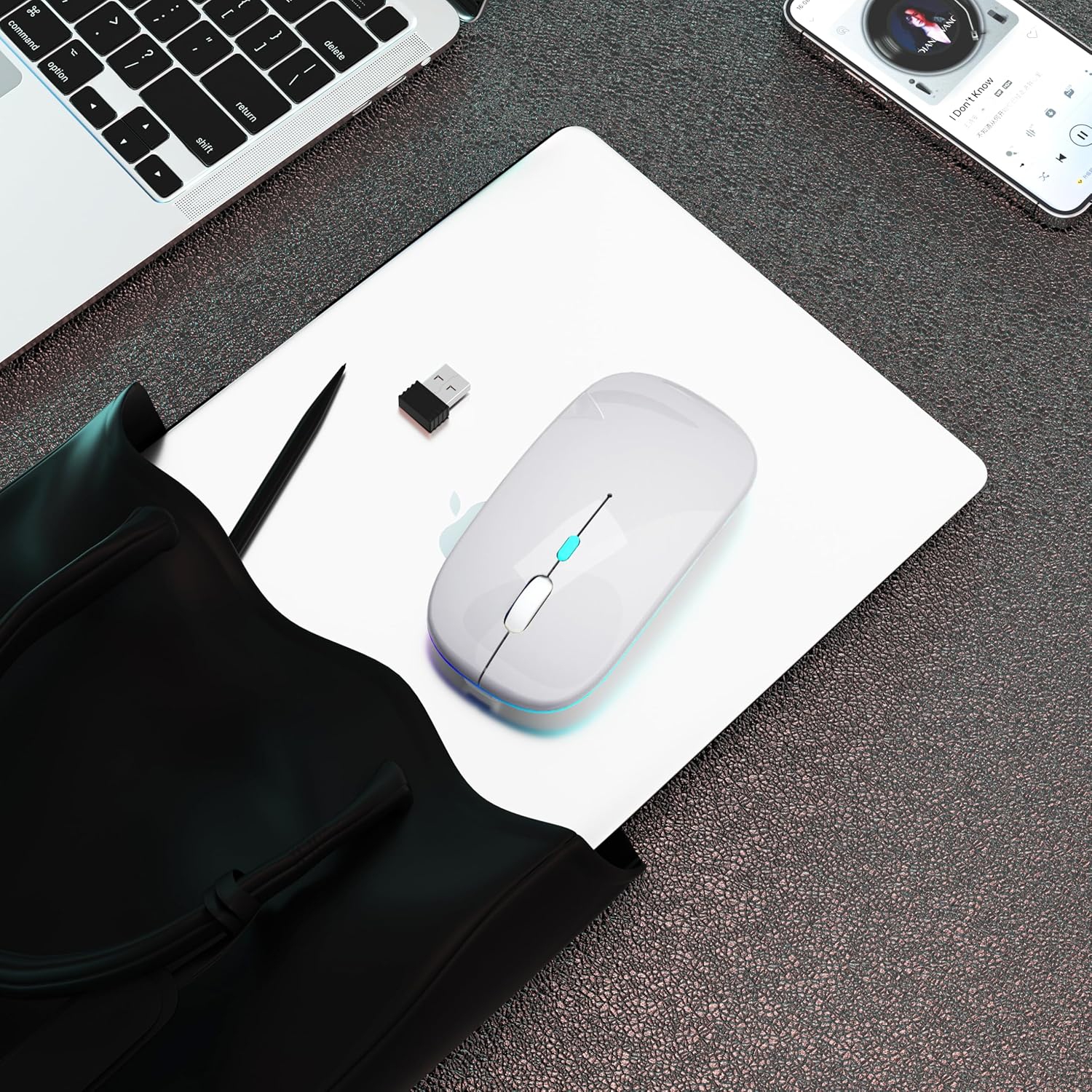 Souris sans fil Bluetooth rechargeable pour portable LED portatif Souris d'ordinateur Connexion à deux modes Souris mince silencieuse (argenté)