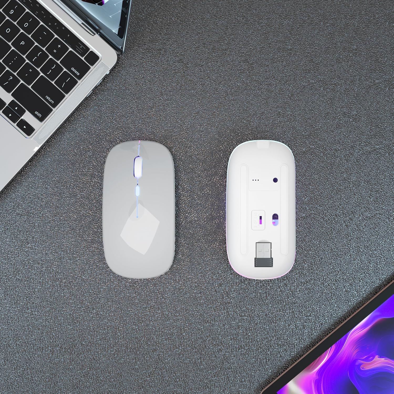 Souris sans fil Bluetooth rechargeable pour portable LED portatif Souris d'ordinateur Connexion à deux modes Souris mince silencieuse (argenté)